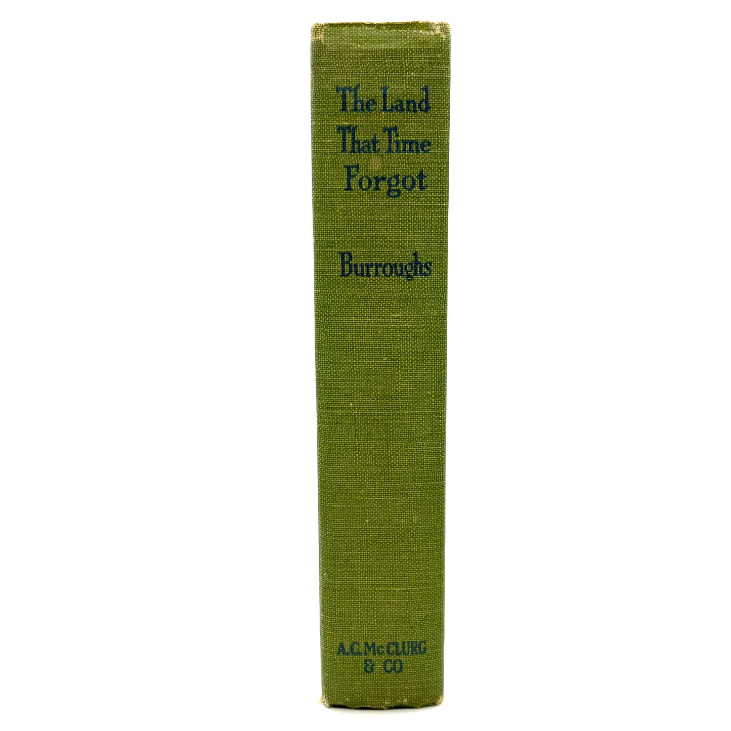 Green book titled 'The Land That Time Forgot' by Burroughs on a white background