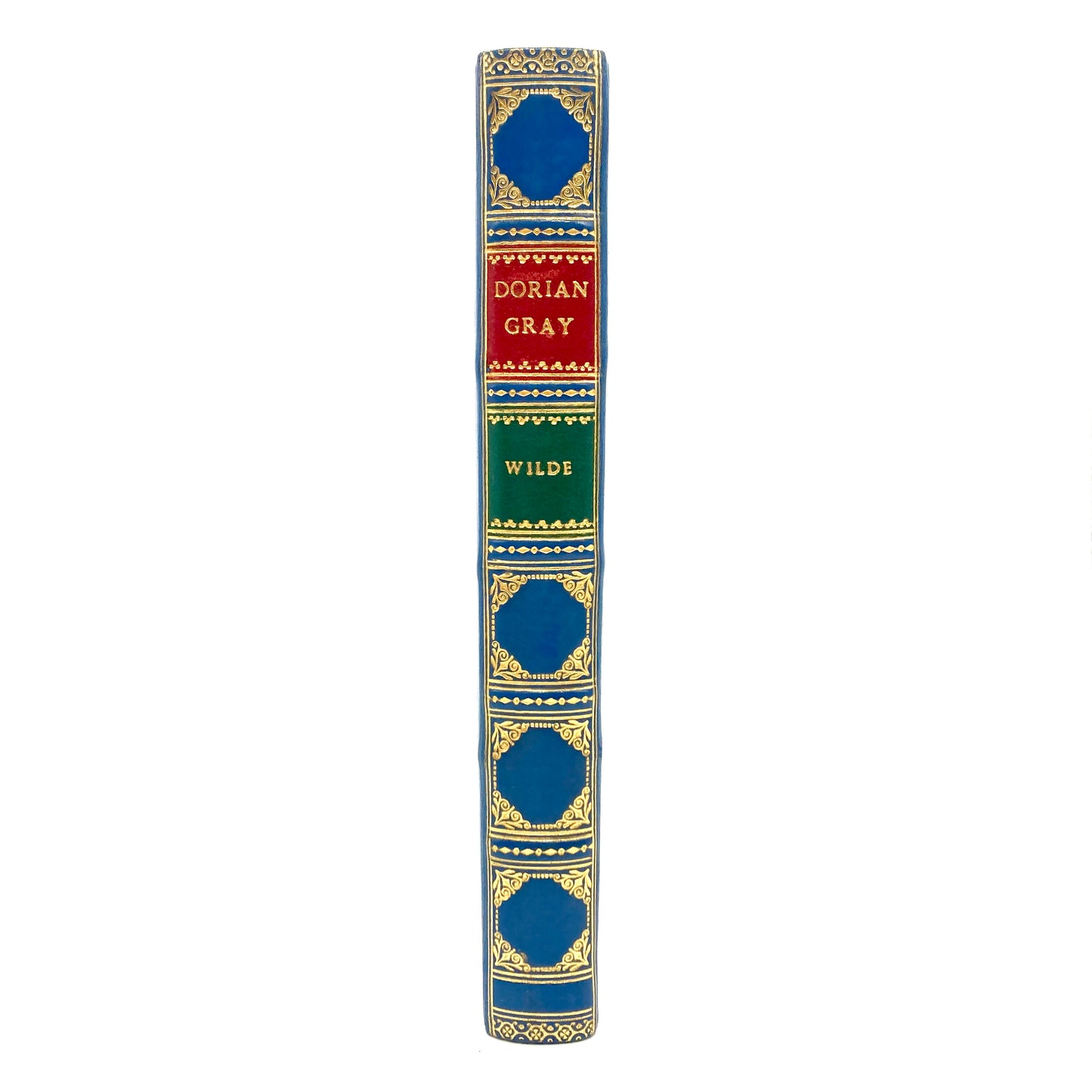 Decorative book titled 'Dorian Gray' by Wilde with ornate blue and gold design on a white background
