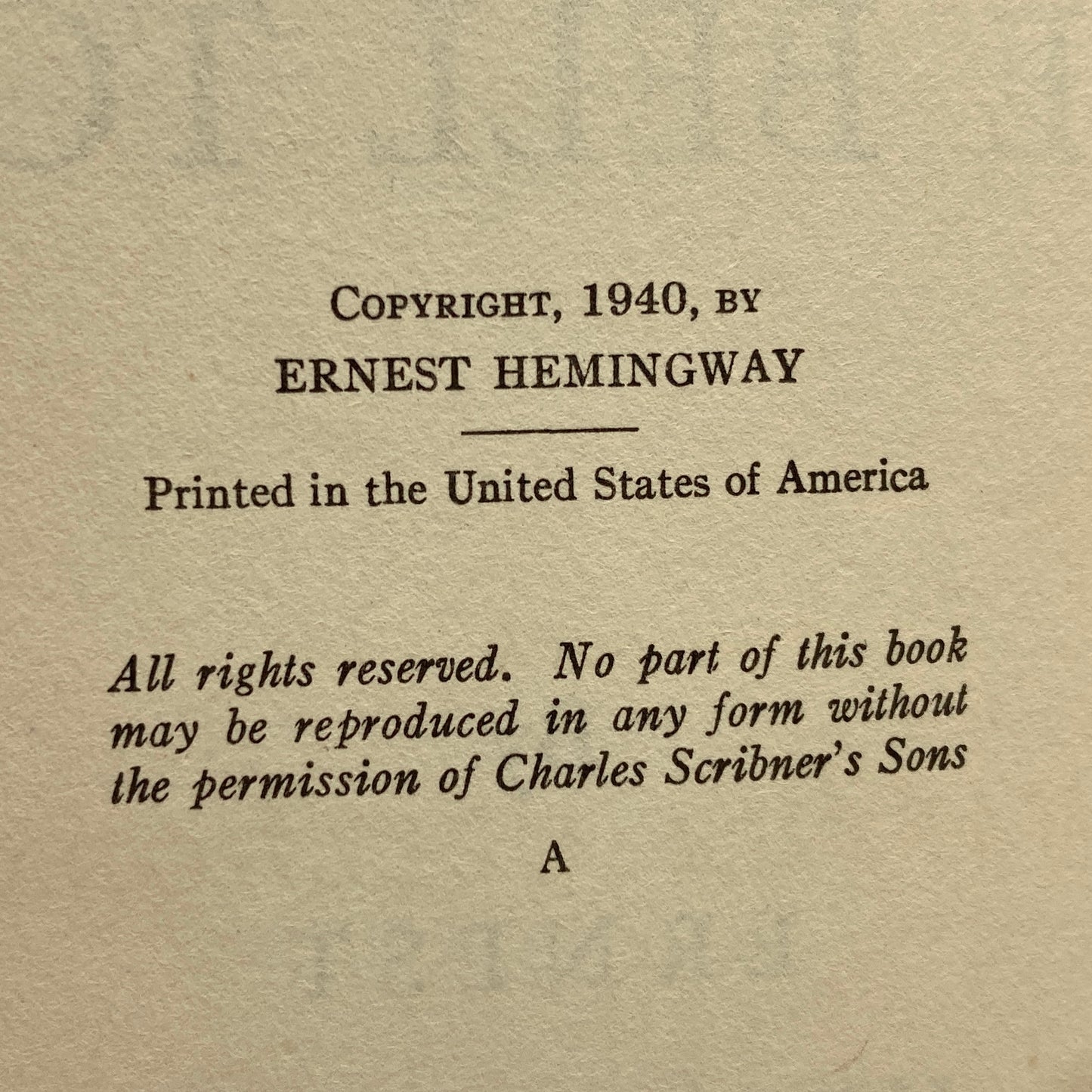 HEMINGWAY, Ernest "For Whom the Bell Tolls" [Scribners, 1940] 1st Edition