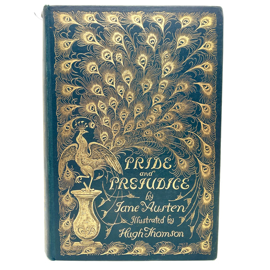 Book cover of 'Pride and Prejudice' by Jane Austen with peacock feather design.