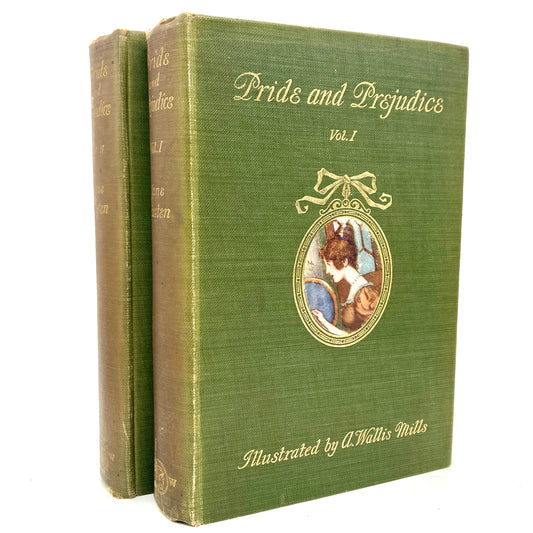 Vintage book titled 'Pride and Prejudice' with a green cover and decorative illustration.