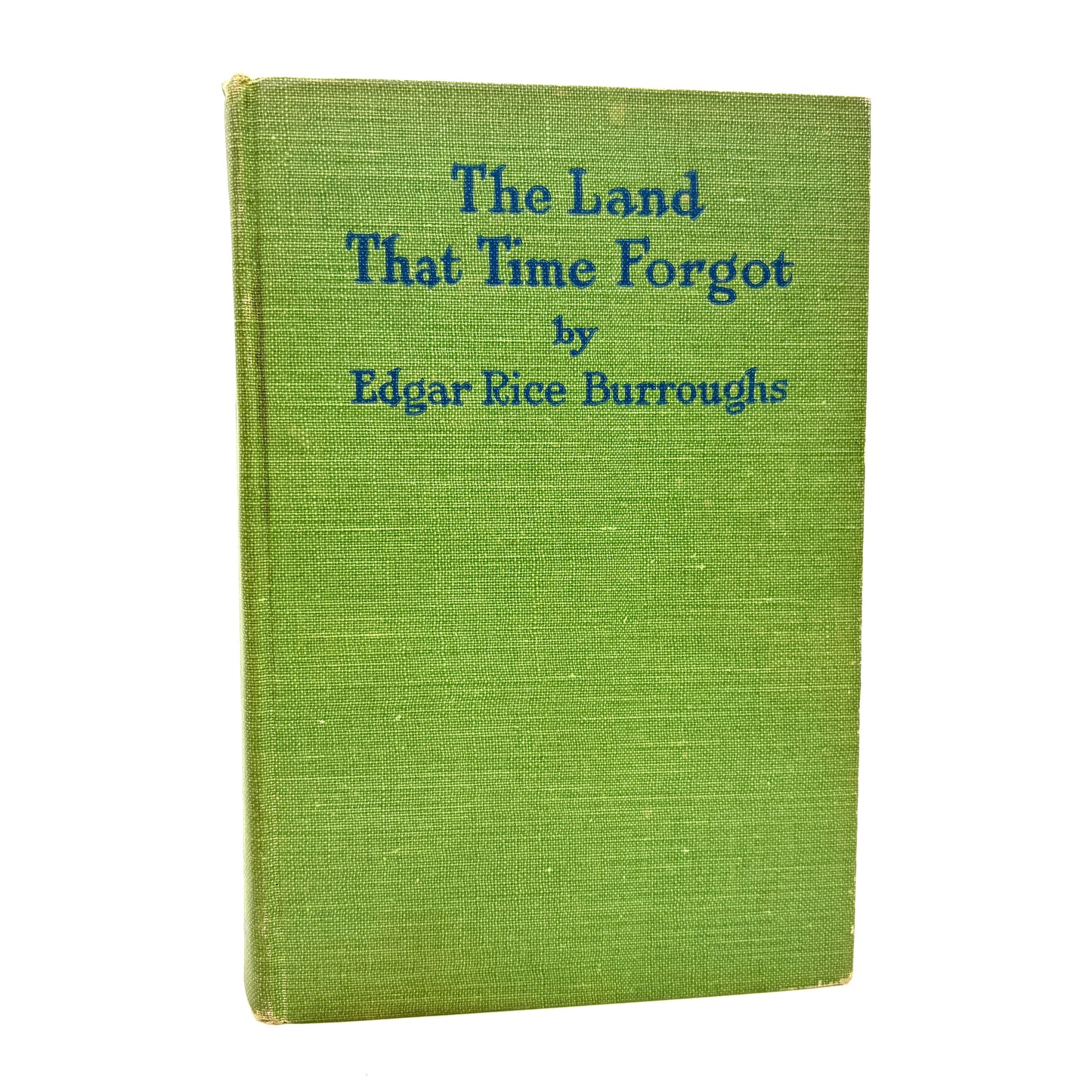 Green book titled 'The Land That Time Forgot' by Edgar Rice Burroughs on a white background