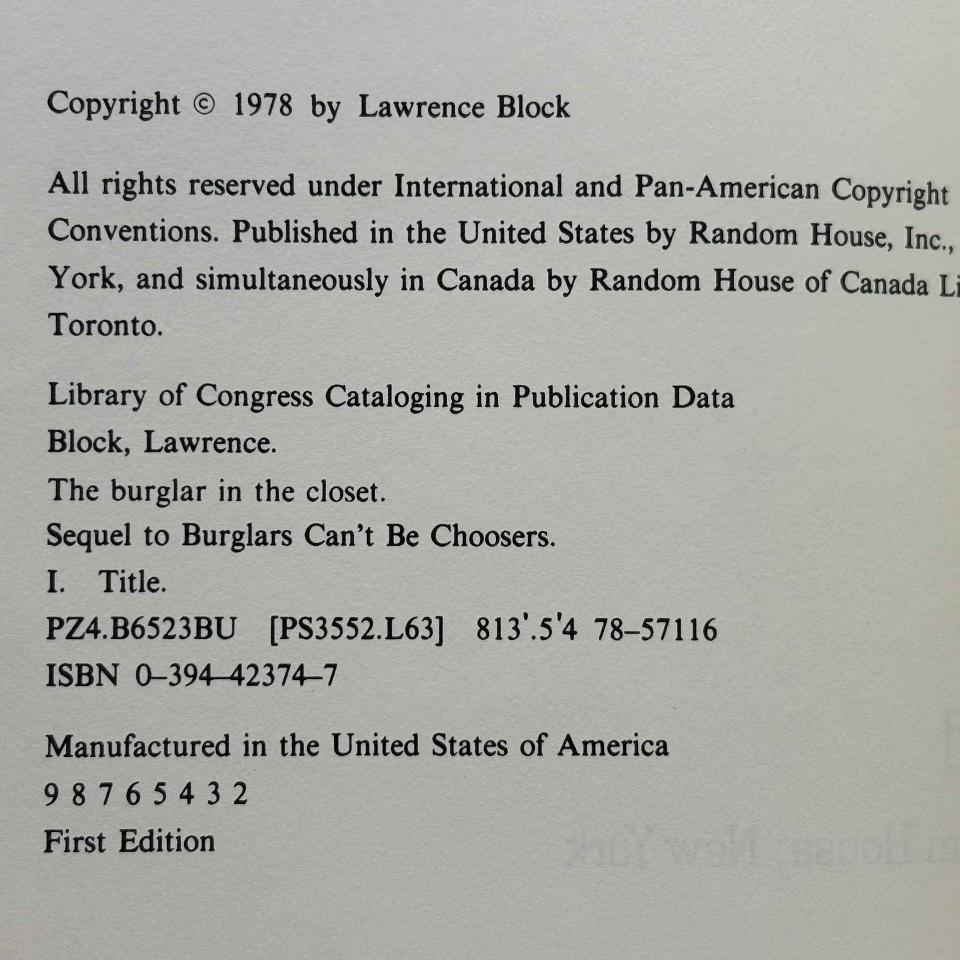 BLOCK, Lawrence “The Burglar in the Closet” [Random House, 1978] Signed 1st