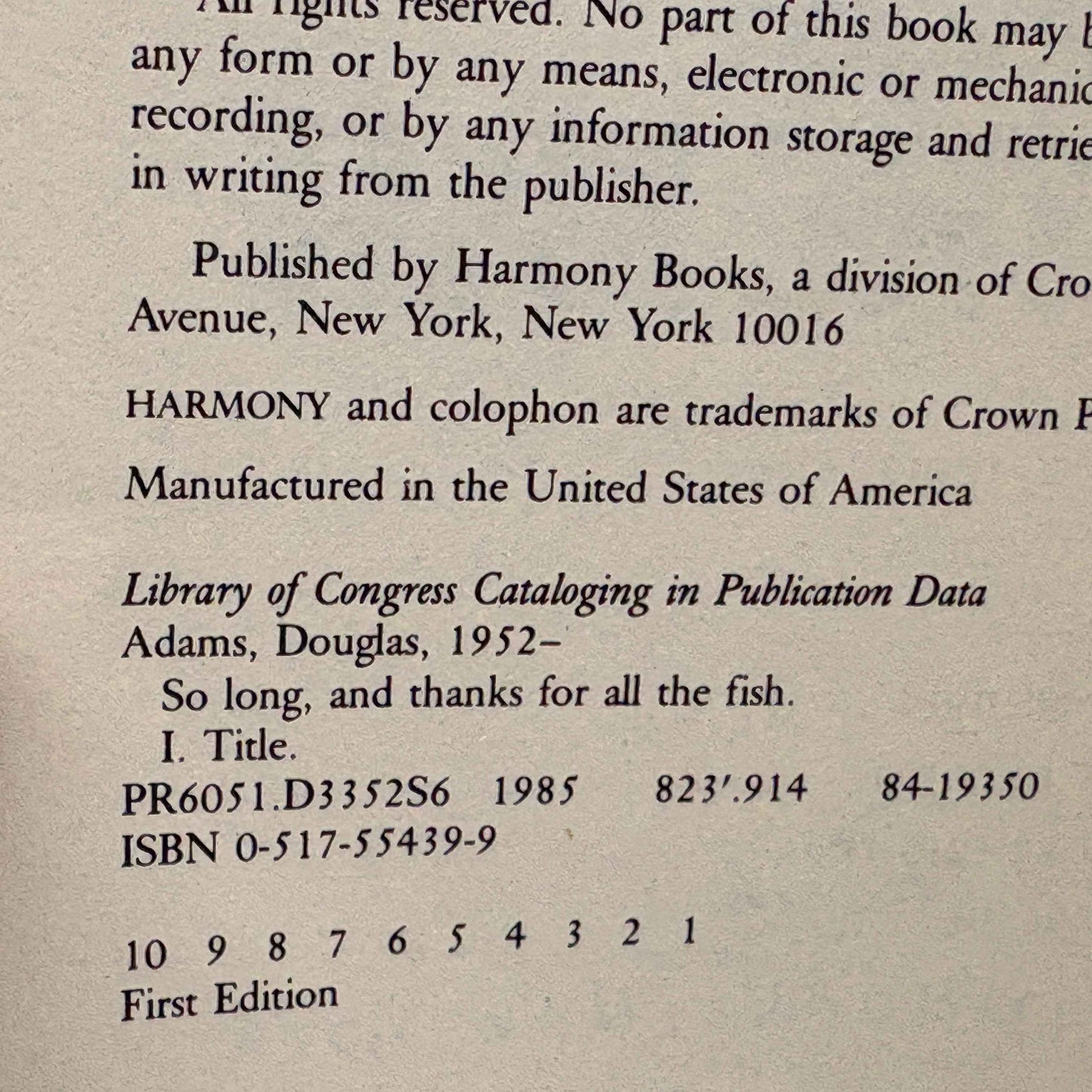 ADAMS, Douglas “So Long, and Thanks for All the Fish” [Harmony, 1985] 1st US Edition