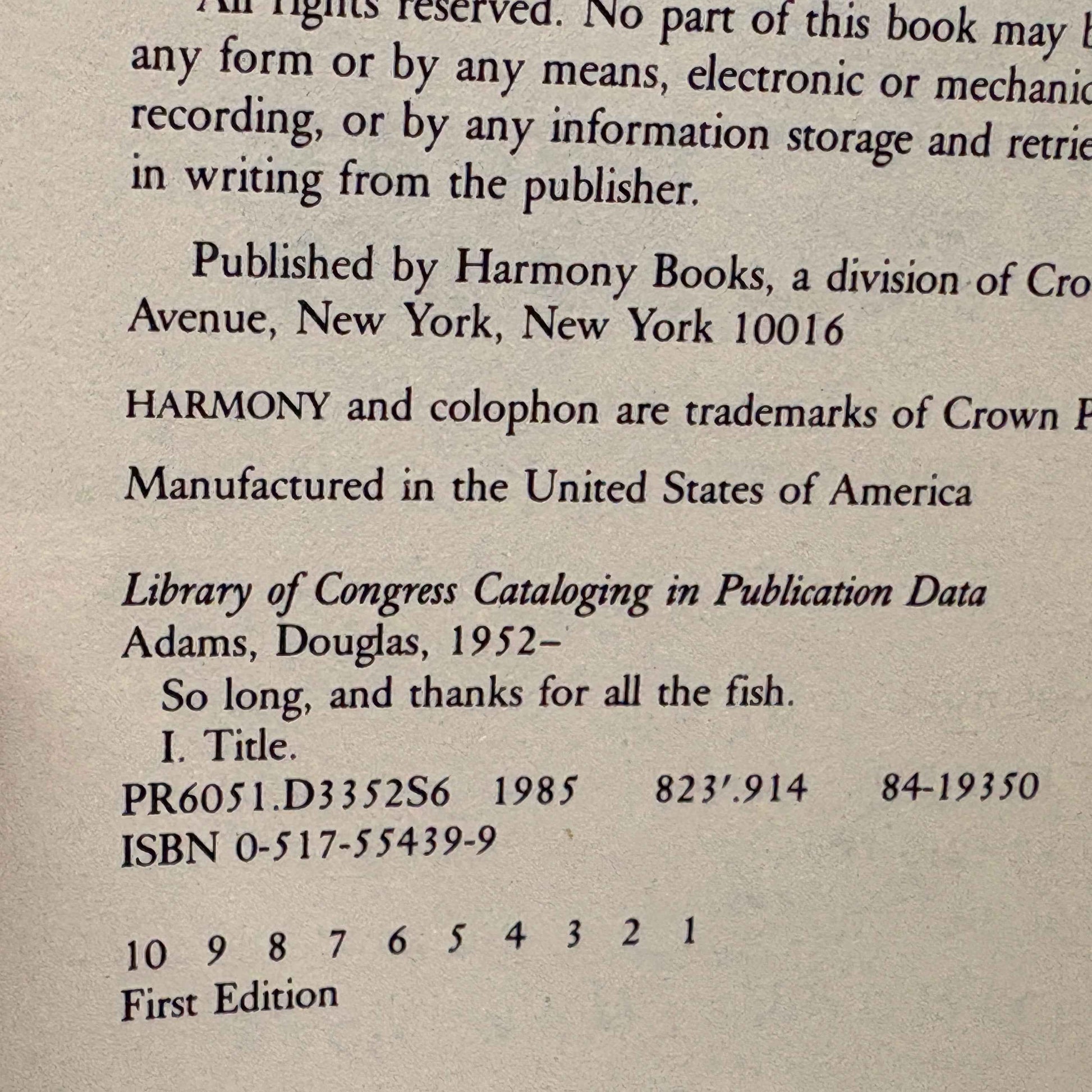 ADAMS, Douglas “So Long, and Thanks for All the Fish” [Harmony, 1985] 1st US Edition