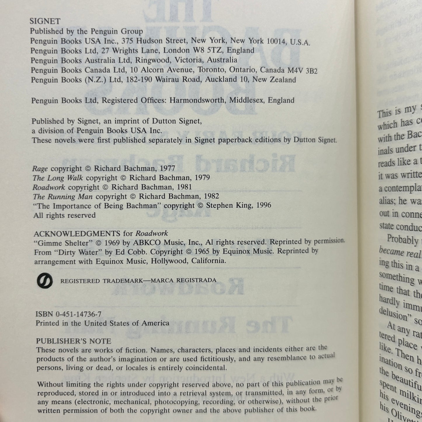 KING, Stephen "The Bachman Books" [Signet, 1996] Incl. "Rage"