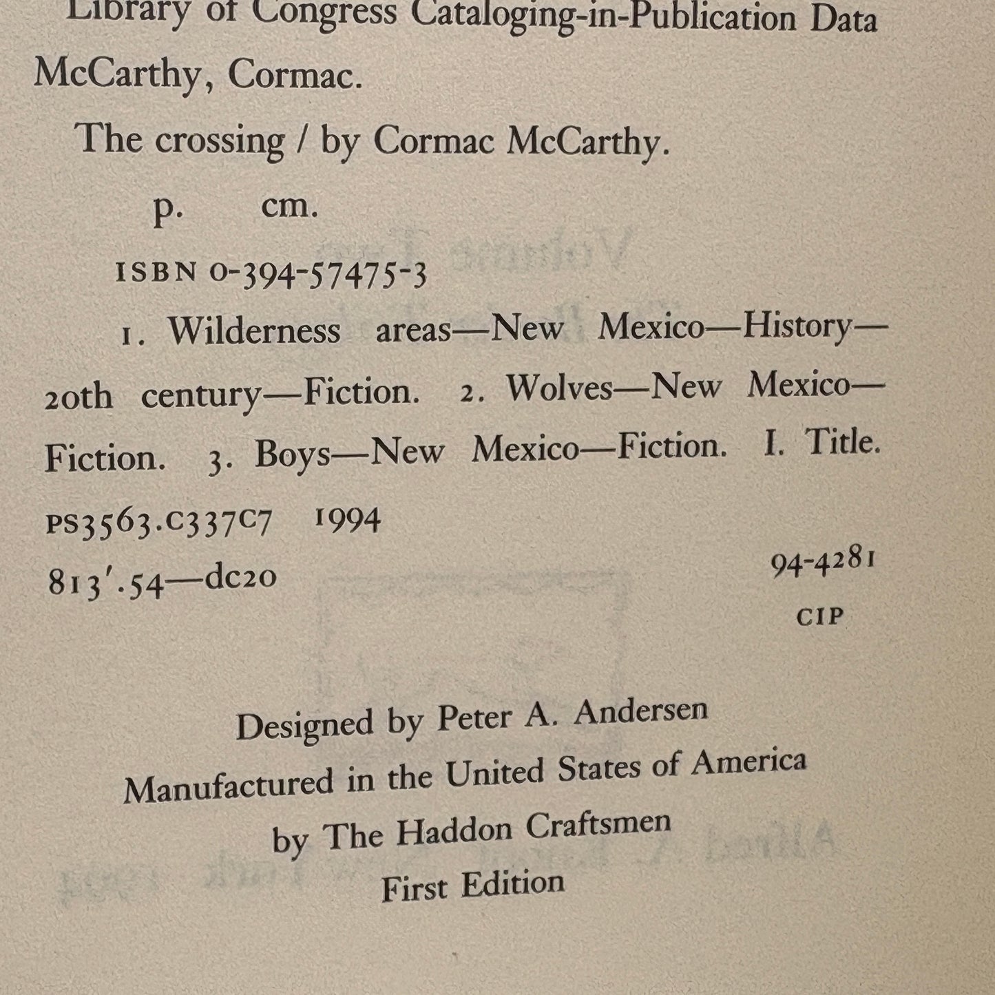 MCCARTHY, Cormac "The Crossing" [Alfred A. Knopf, 1994] Signed 1st Edition
