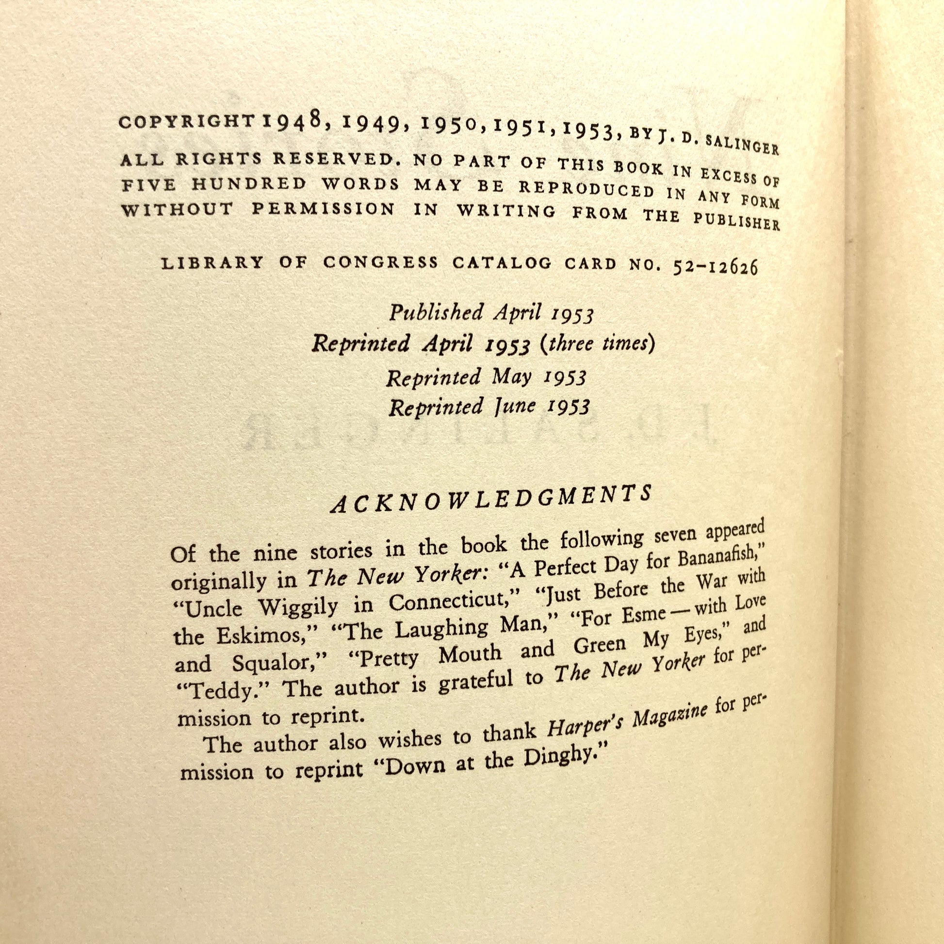 SALINGER, J.D. "Nine Stories" [Little, Brown & Co, 1953] 1st Edition/6th Printing - Buzz Bookstore