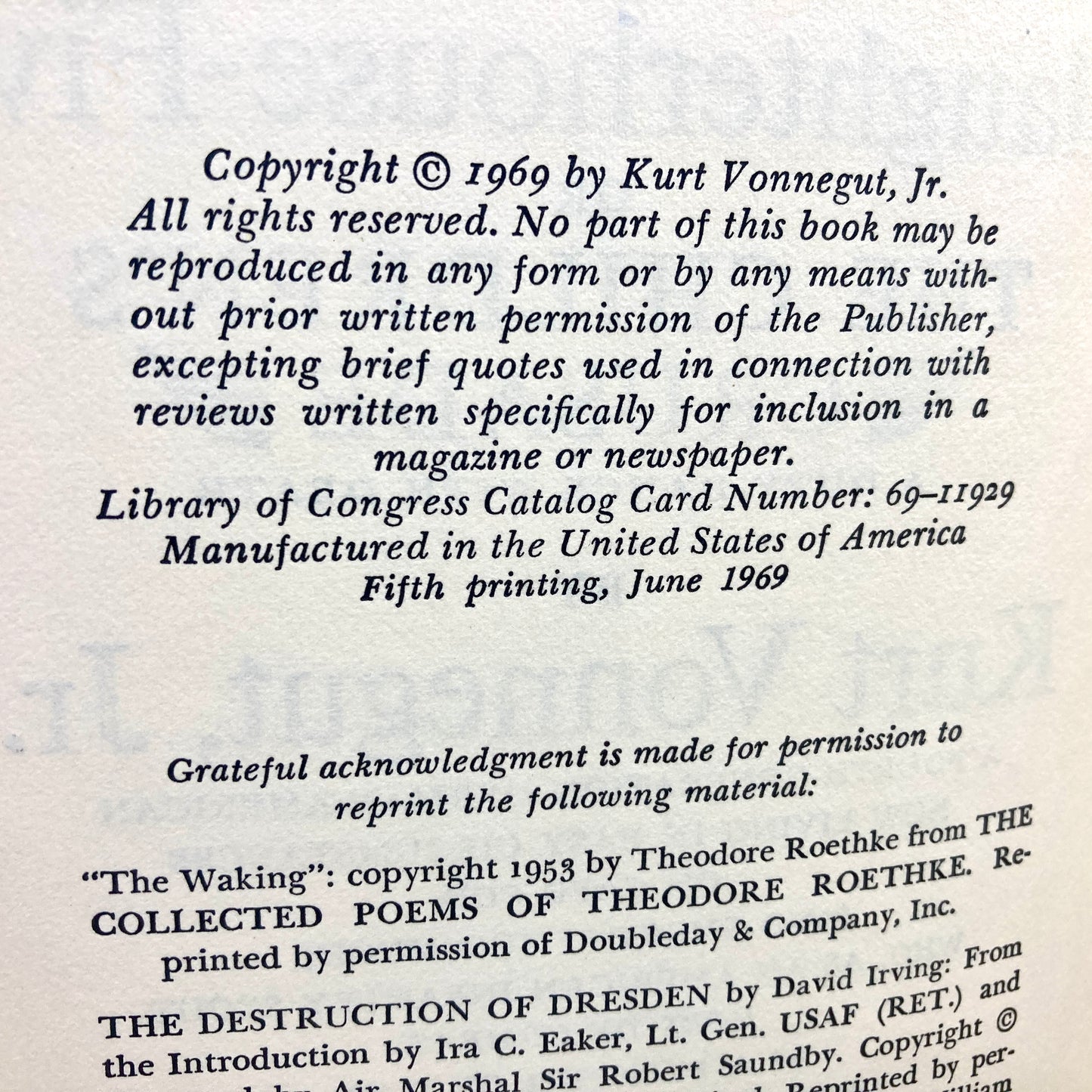 VONNEGUT, Kurt "Slaughterhouse-Five" [Delacorte, 1969] 1st Edition, 5th Printing