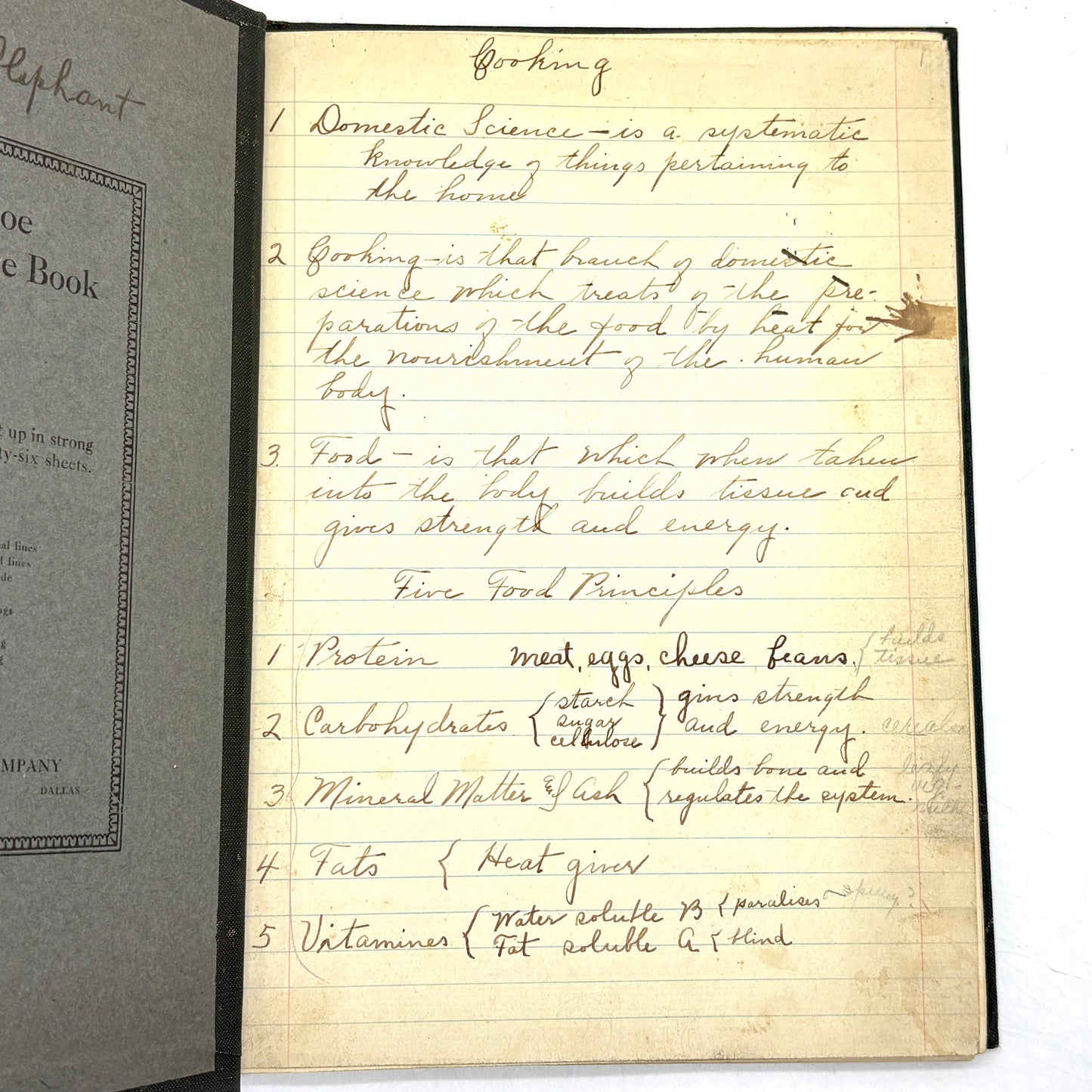OLIPHANT, Annie "Handwritten Notes for Domestic Science/Cookery Course" [c1915–1925]