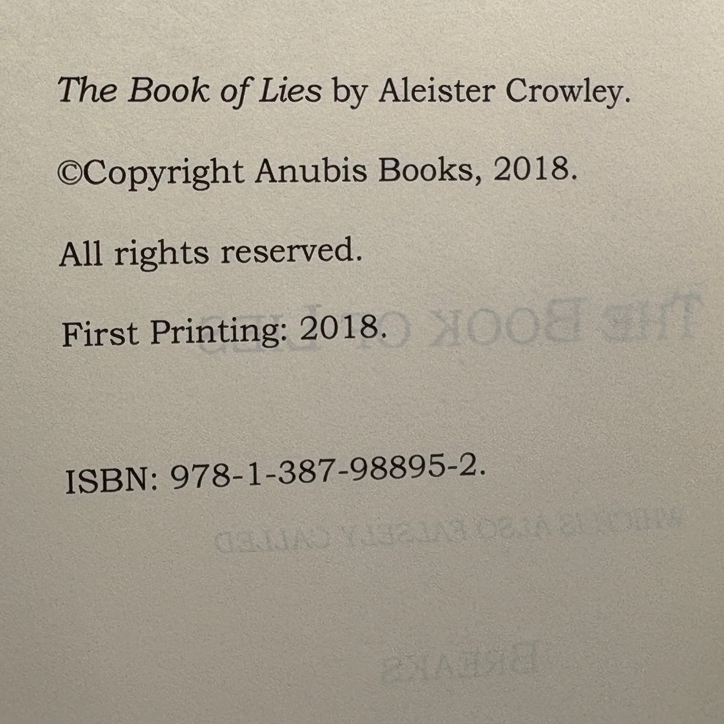 CROWLEY, Aleister "The Book of Lies" [Anubis Books, 2018]