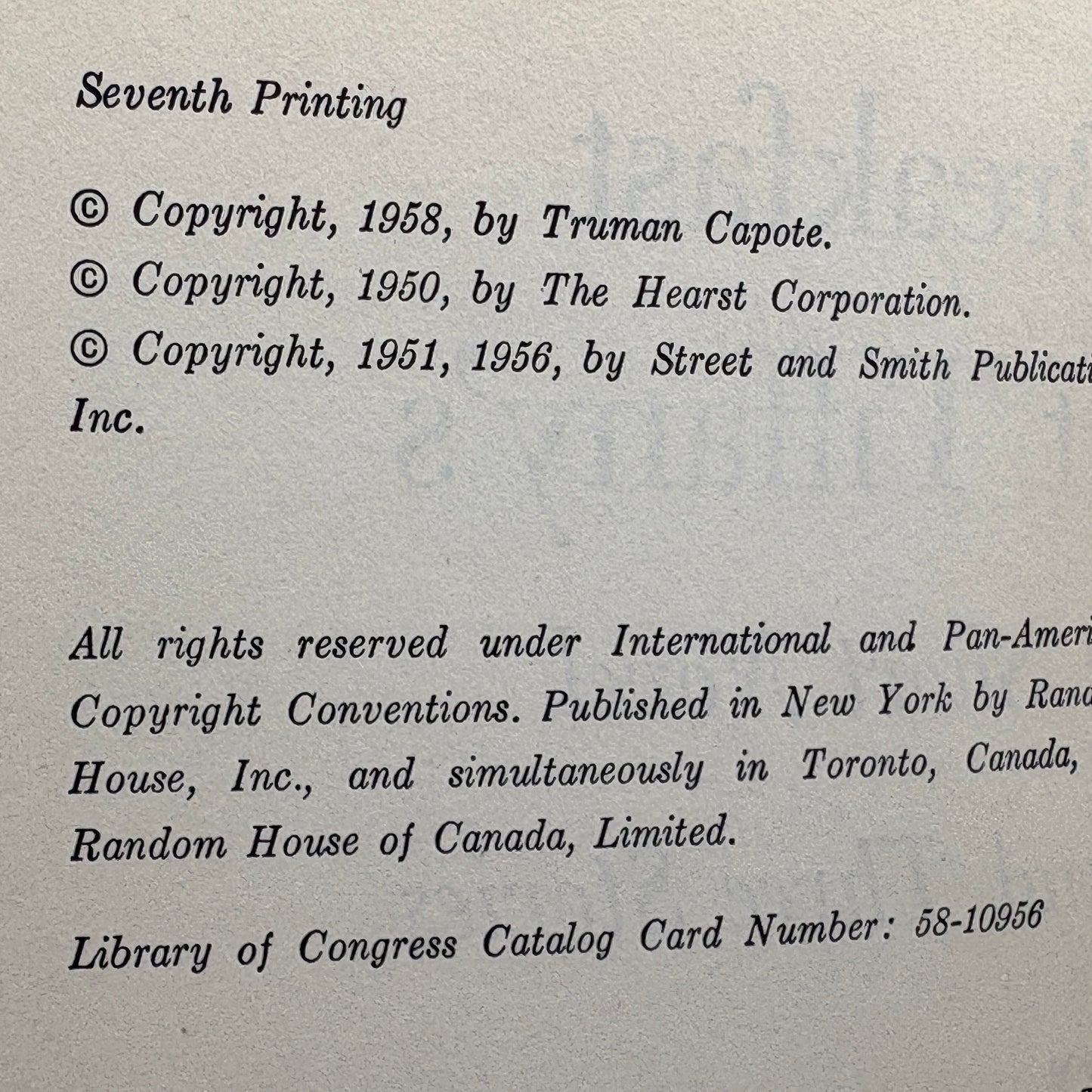 CAPOTE, Truman "Breakfast at Tiffany's" [Random House, 1958] 7th Printing
