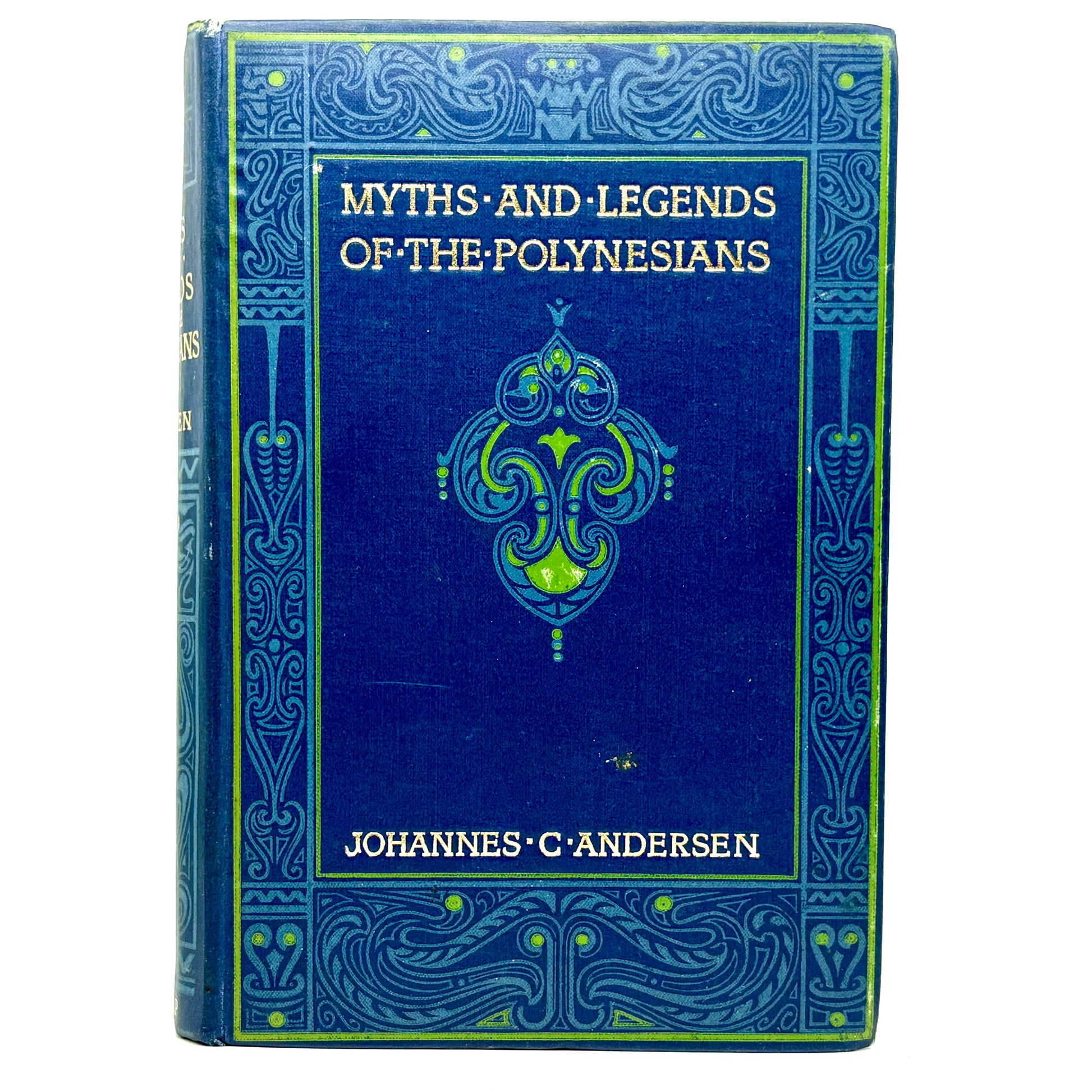 Book titled 'Myths and Legends of the Polynesians' by Johannes C. Andersen with decorative blue cover on a white background