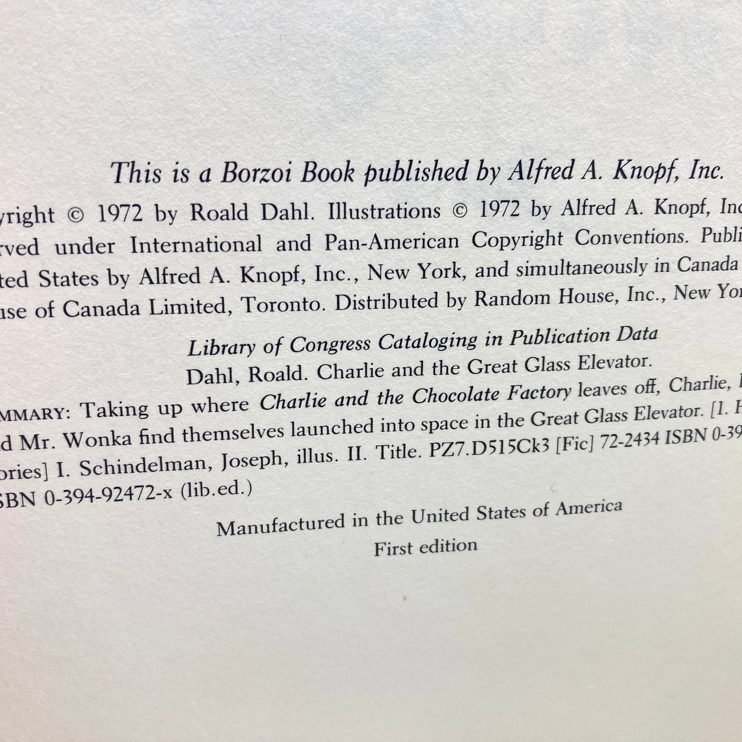 DAHL, Roald "Charlie and the Great Glass Elevator" [Alfred A. Knopf, 1972] 1st Edition