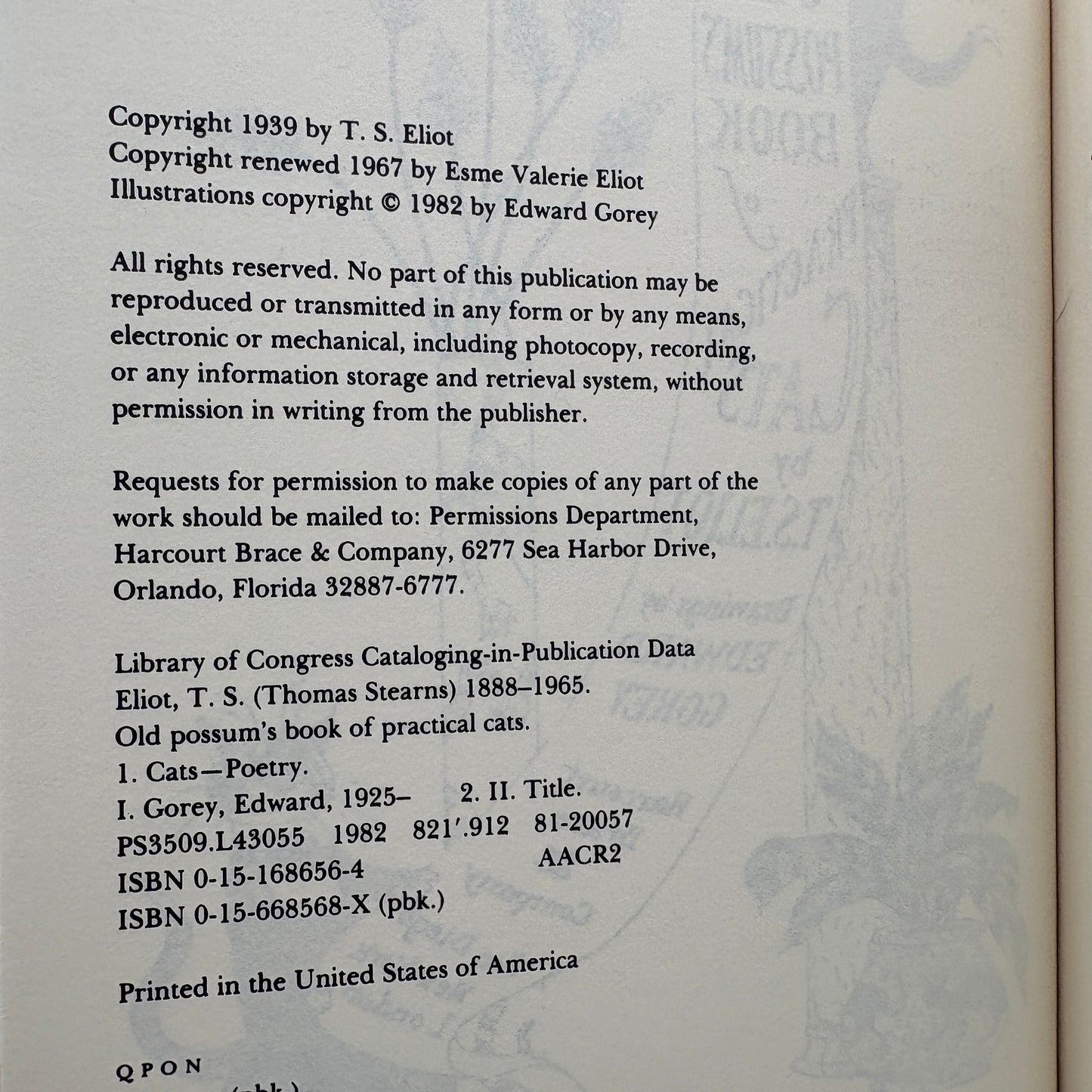 ELIOT, T.S. "Old Possum's Book of Practical Cats" [Harcourt, 1982] Signed by Edward Gorey