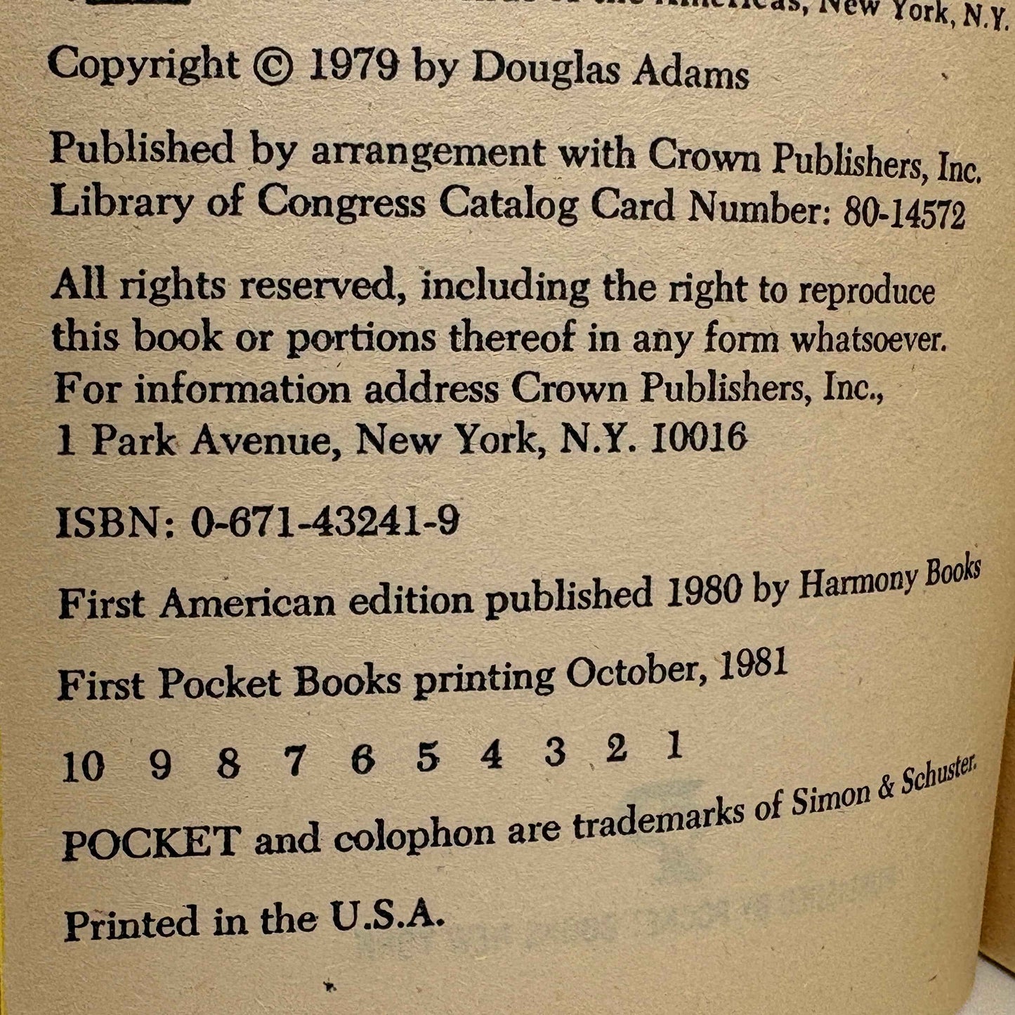 ADAMS, Douglas “The Hitchhiker’s Guide to the Galaxy” [Pocket Books, 1981] ARC