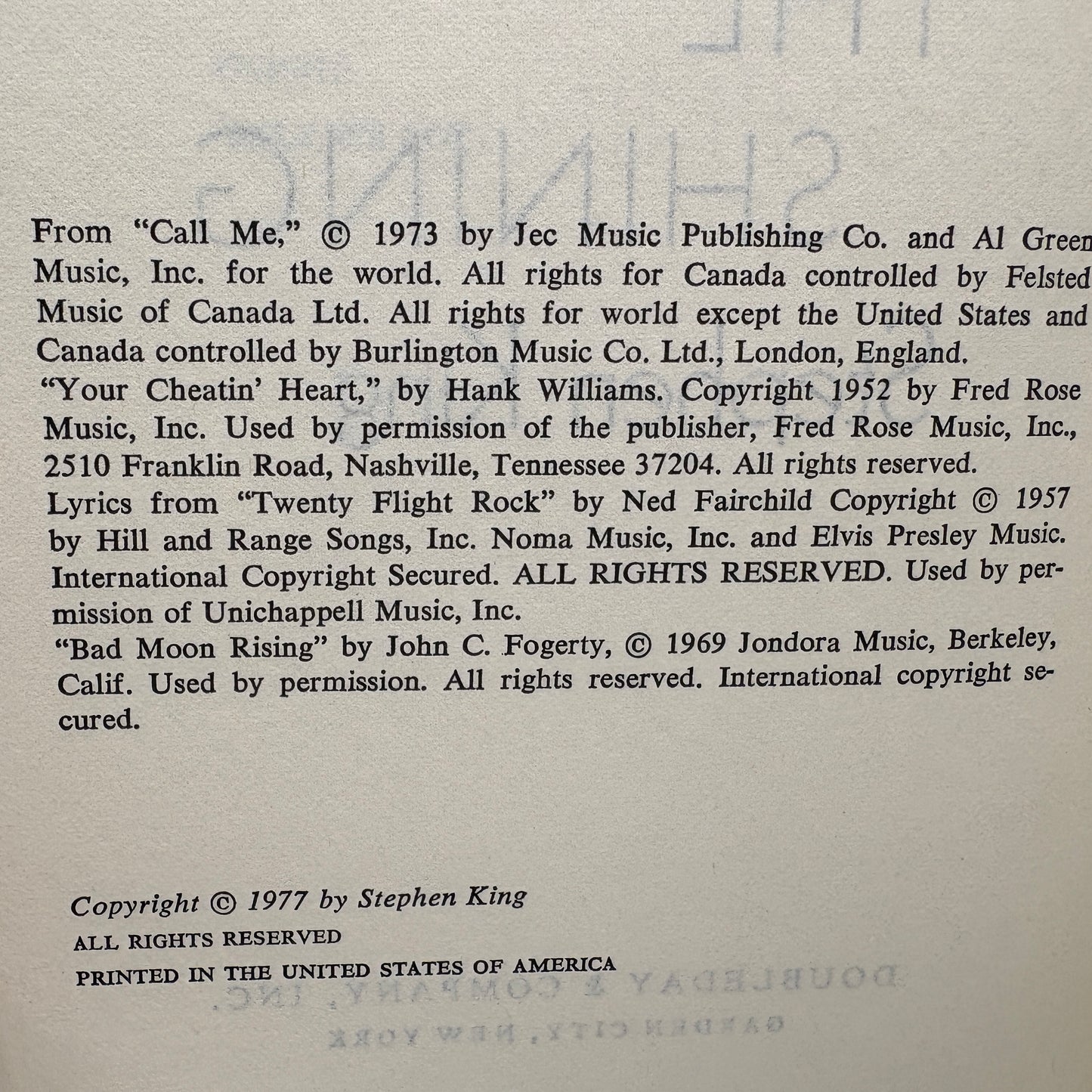 KING, Stephen "The Shining" [Doubleday, 1977] 1st Book Club Edition