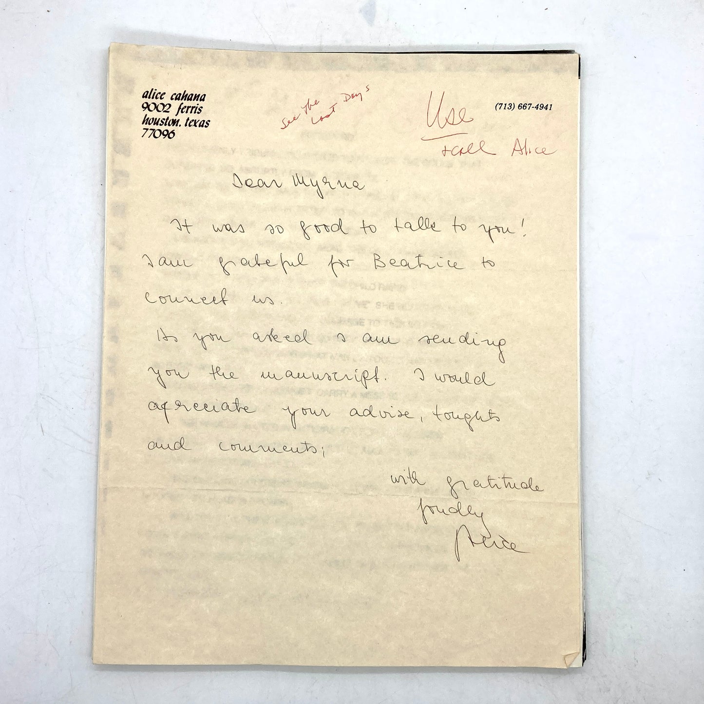 CAHANA, Alice Lok - Personal Manuscript and Holograph Letter [Date Unknown]