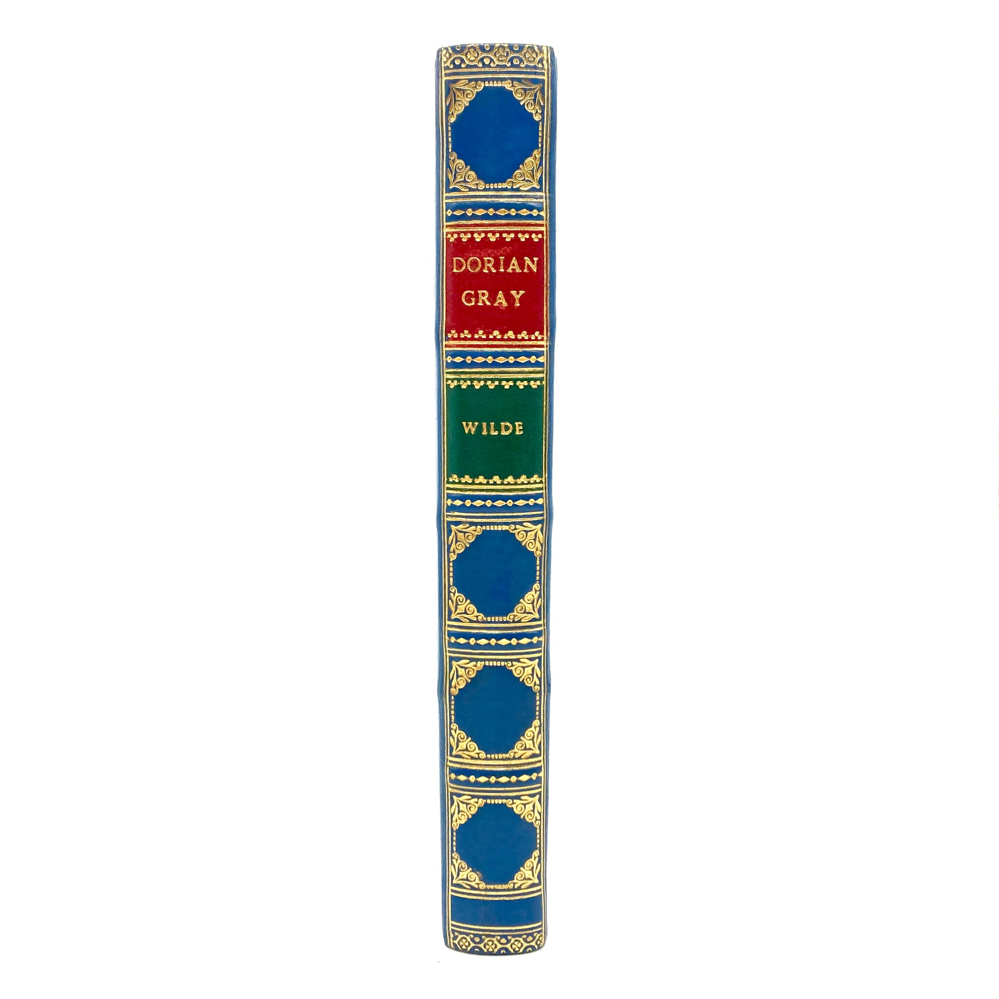 Decorative book titled 'Dorian Gray' by Wilde with ornate blue and gold design on a white background