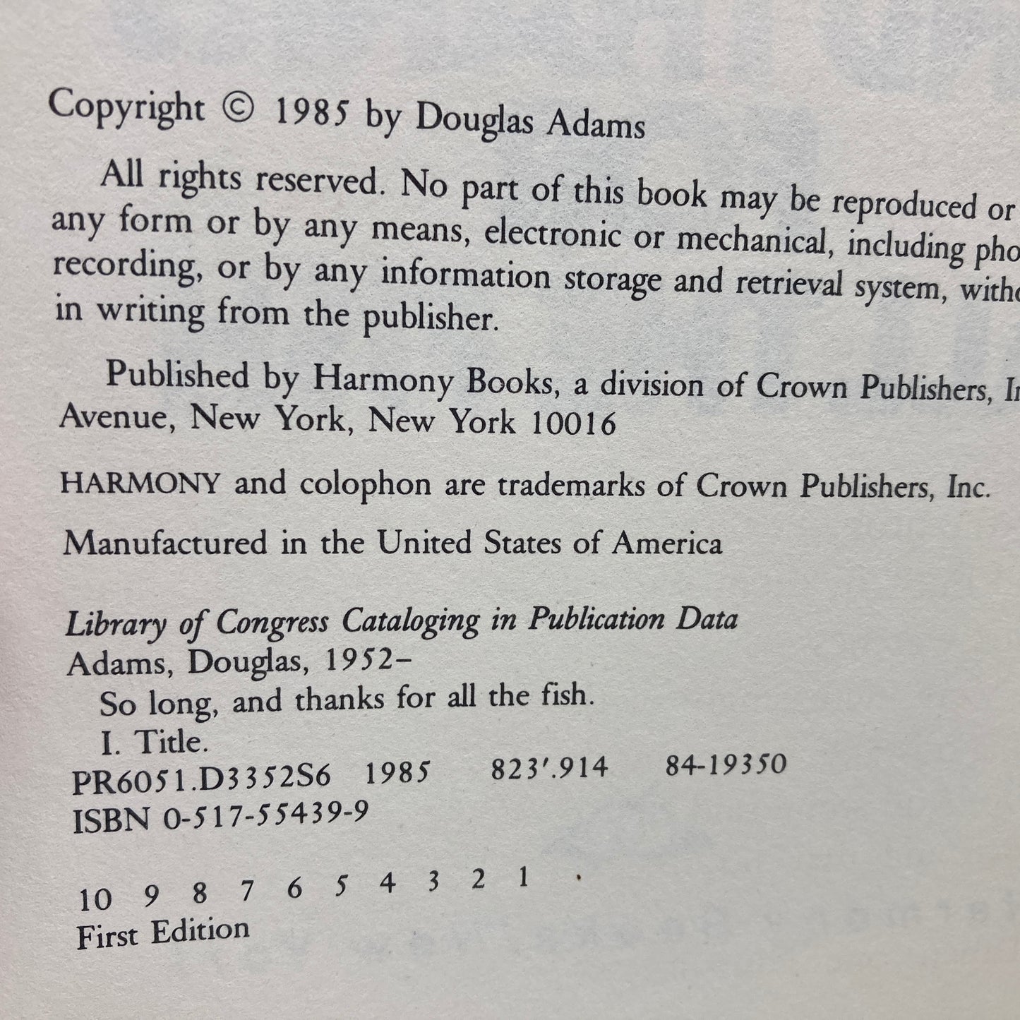 ADAMS, Douglas "So Long & Thanks For All The Fish" [Harmony, 1985] 1st Edition