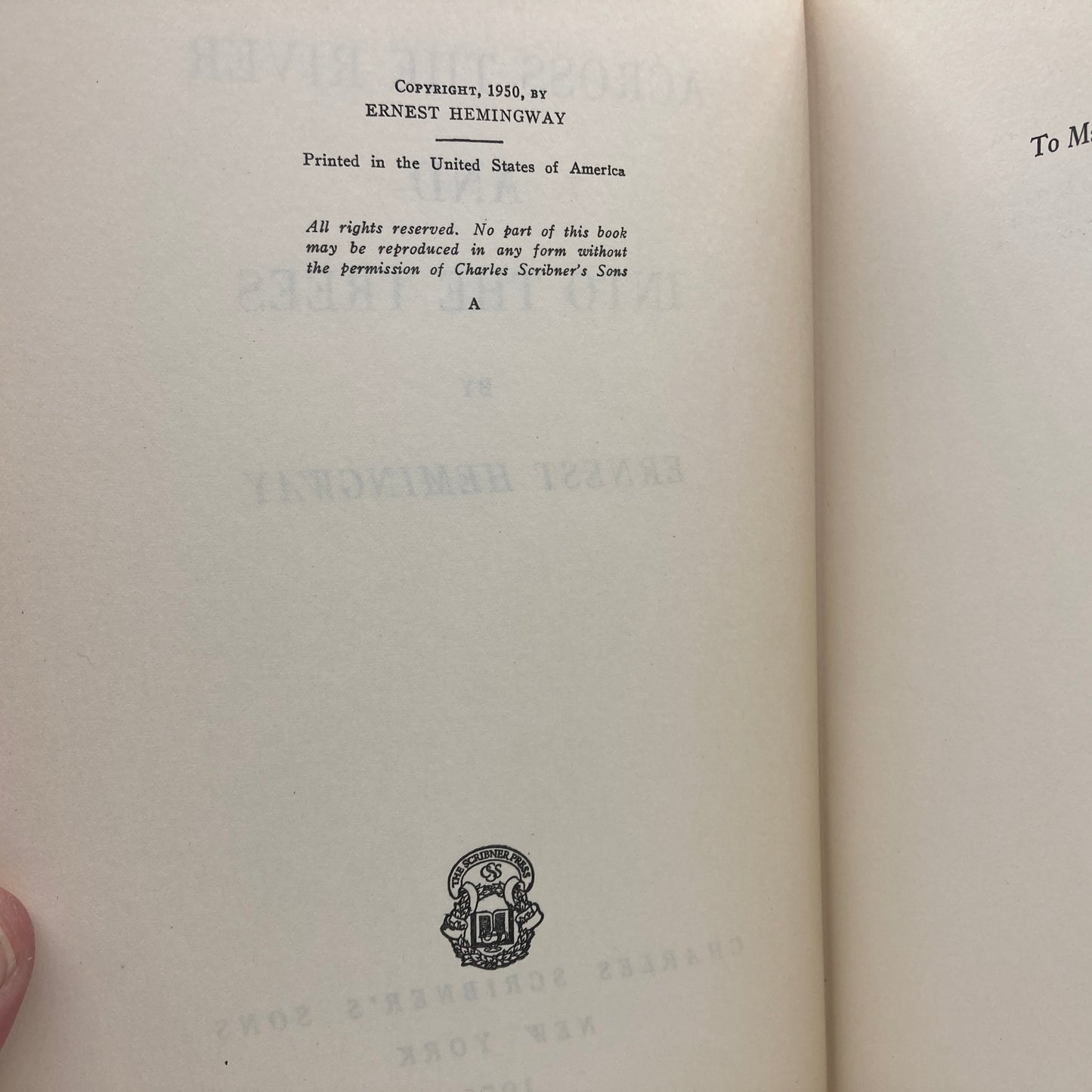 HEMINGWAY, Ernest "Across the River and Into the Trees" [Scribners, 1950] 1st Edition