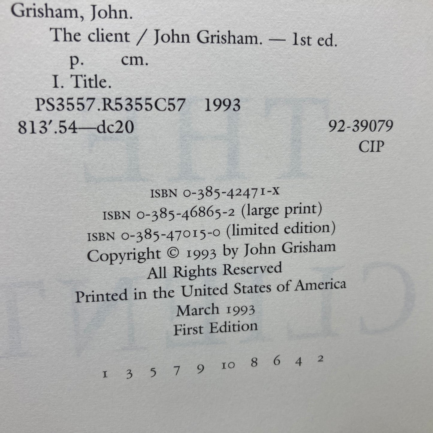 GRISHAM, John "The Client” [Doubleday, 1993] 1st Edition (Signed)