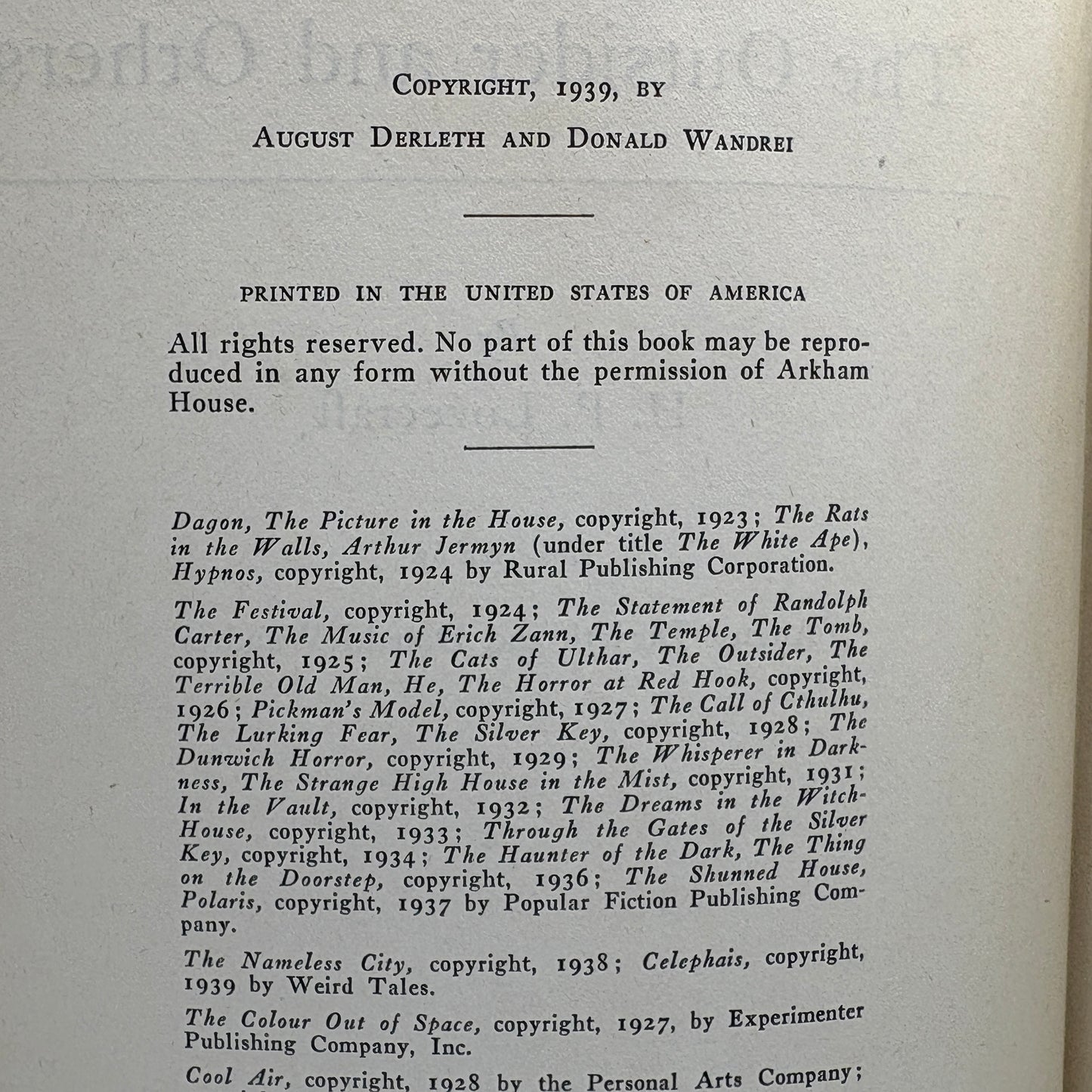 LOVECRAFT, H.P. "The Outsider and Others" [Arkham House, 1939] 1st Edition