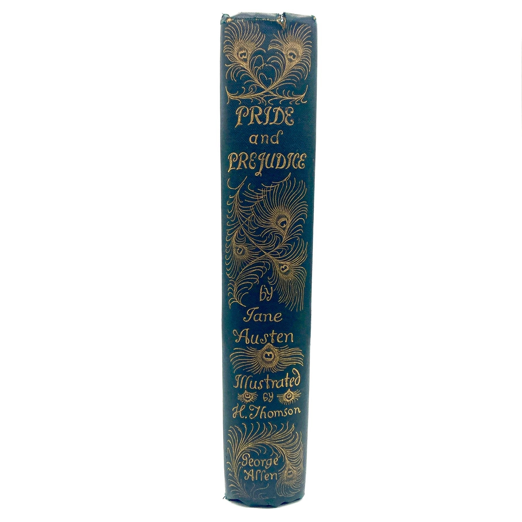 Blue book titled 'Pride and Prejudice' by Jane Austen with gold decorative text on a white background