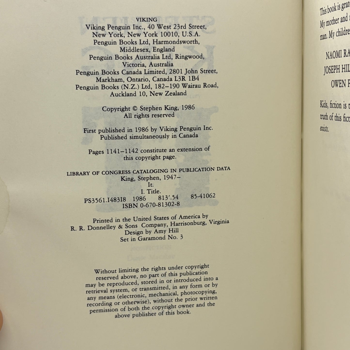 KING, Stephen "It" [Viking, 1986] 1st Edition, 1st Printing