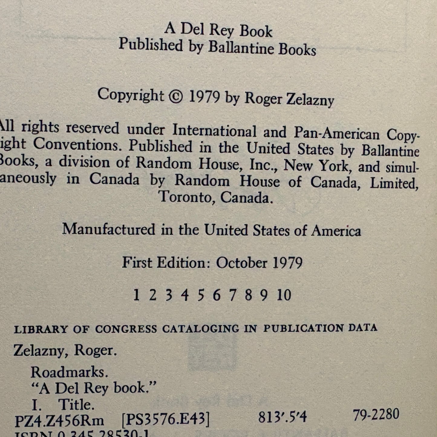Zelazny, Roger “Roadmarks” [Ballantine Books, 1979] Signed 1st Edition
