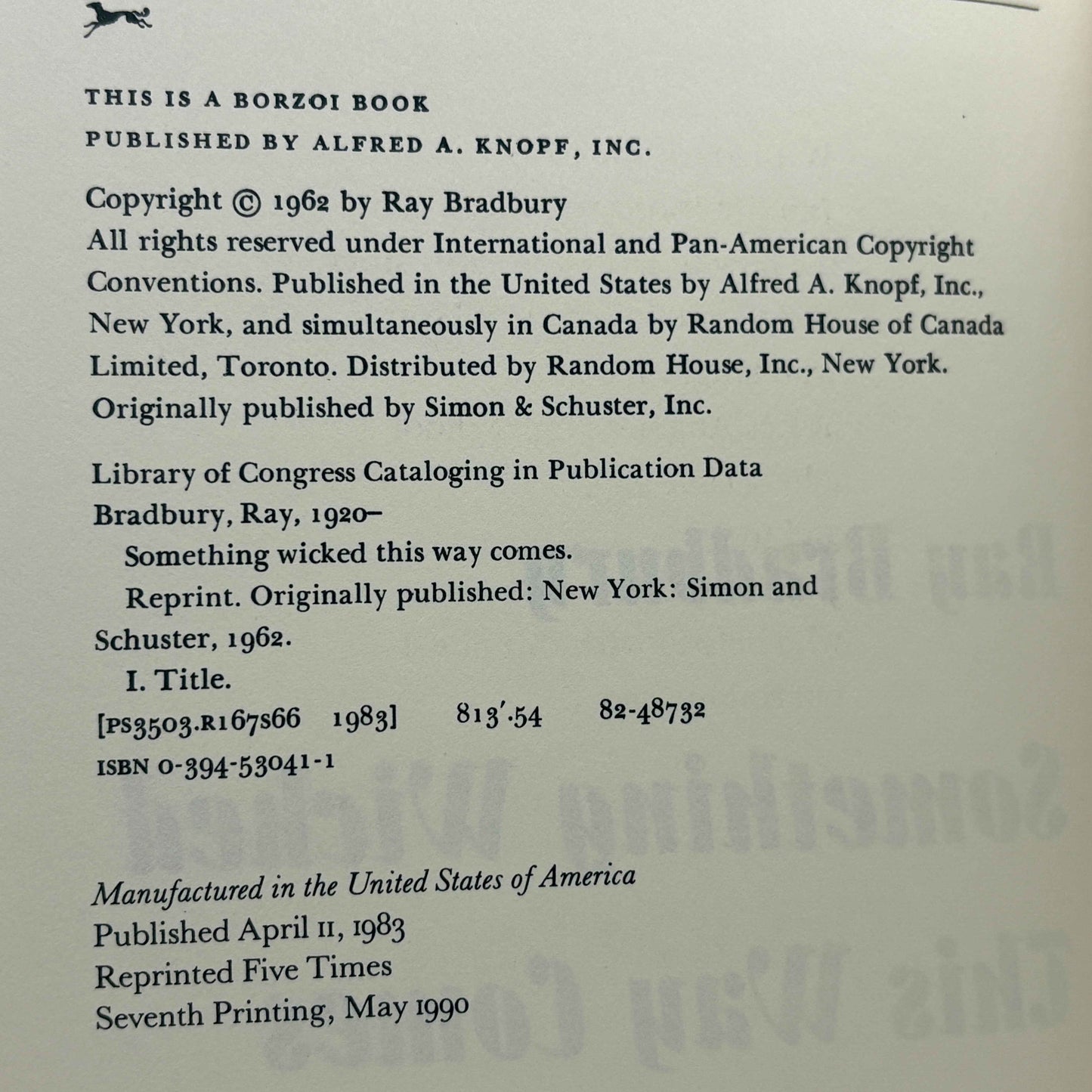 BRADBURY, Ray "Something Wicked This Way Comes" [Alfred A. Knopf, 1990] Signed