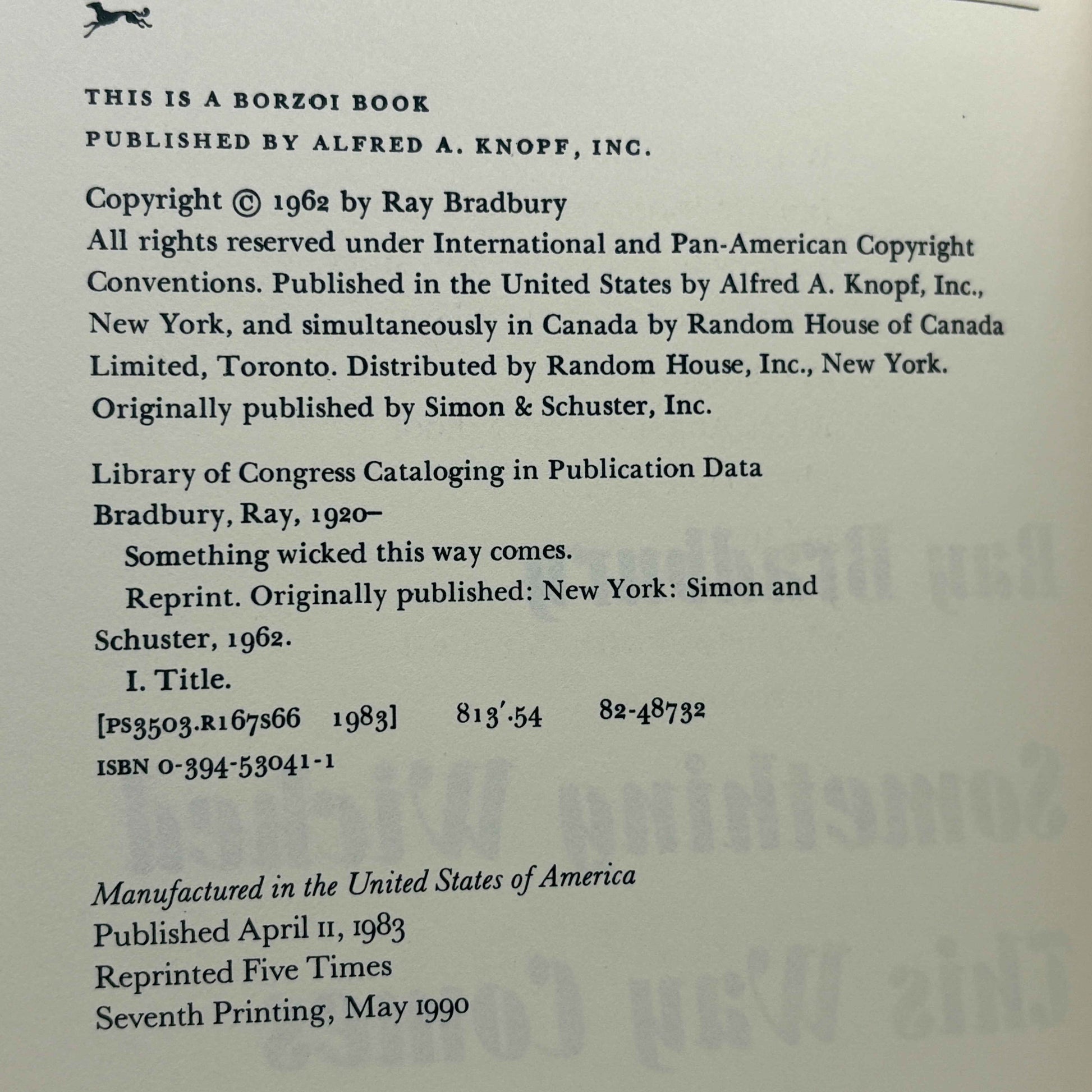 BRADBURY, Ray "Something Wicked This Way Comes" [Alfred A. Knopf, 1990] Signed