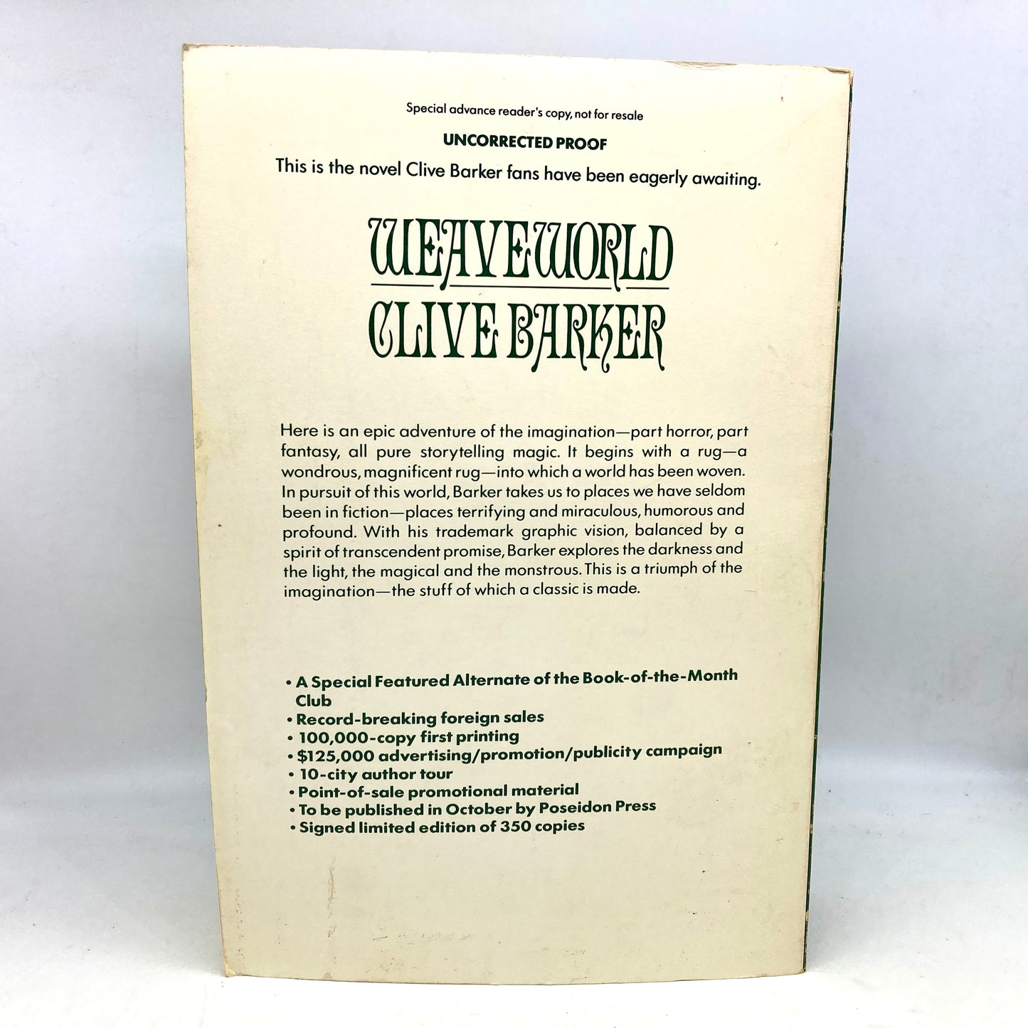 BARKER, Clive "Weaveworld" [Poseidon Press, 1987] Signed Uncorrected Proof