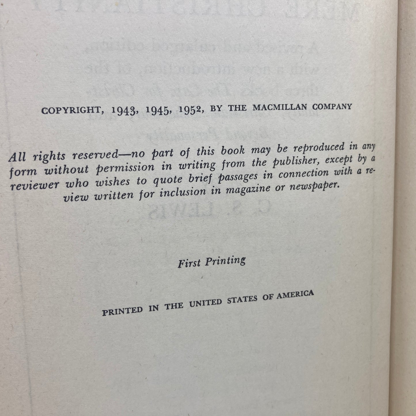 LEWIS, C.S. "Mere Christianity" [Macmillan, 1952] 1st US Edition, 1st Printing