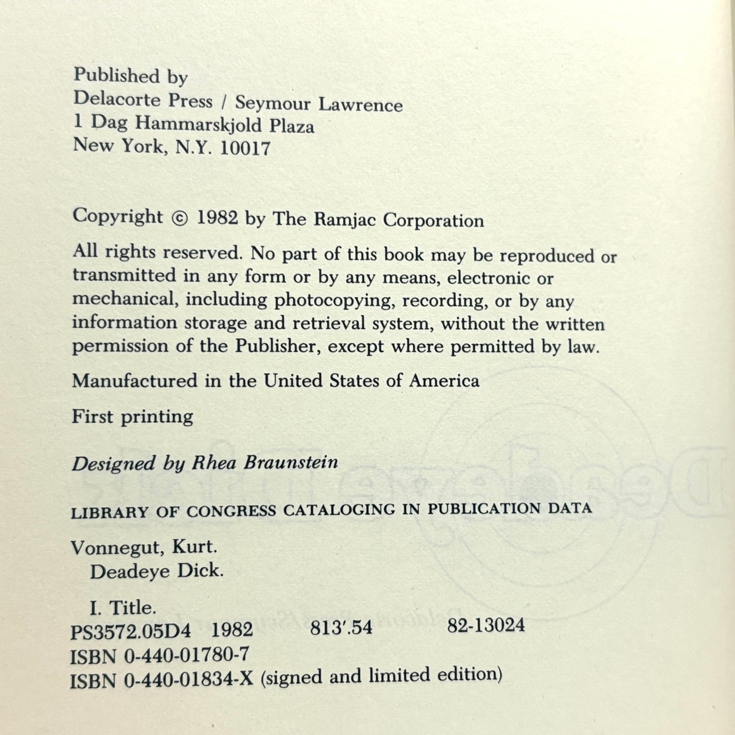 VONNEGUT, Kurt "Deadeye Dick" [Delacorte Press, 1982] Signed 1st Edition