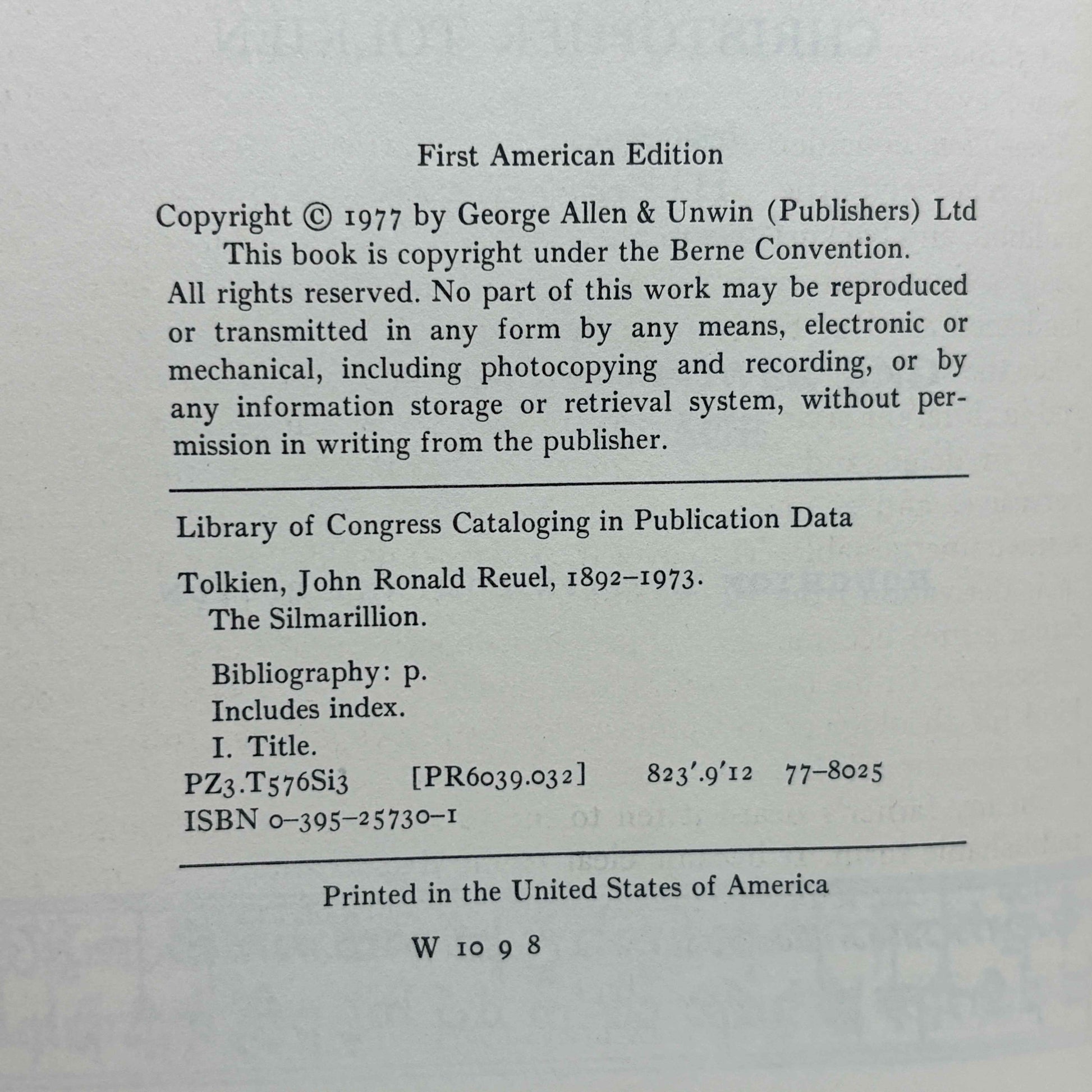 TOLKIEN, J.R.R. "The Silmarillion" [Houghton Mifflin, 1977] 1st Edition/8th Printing