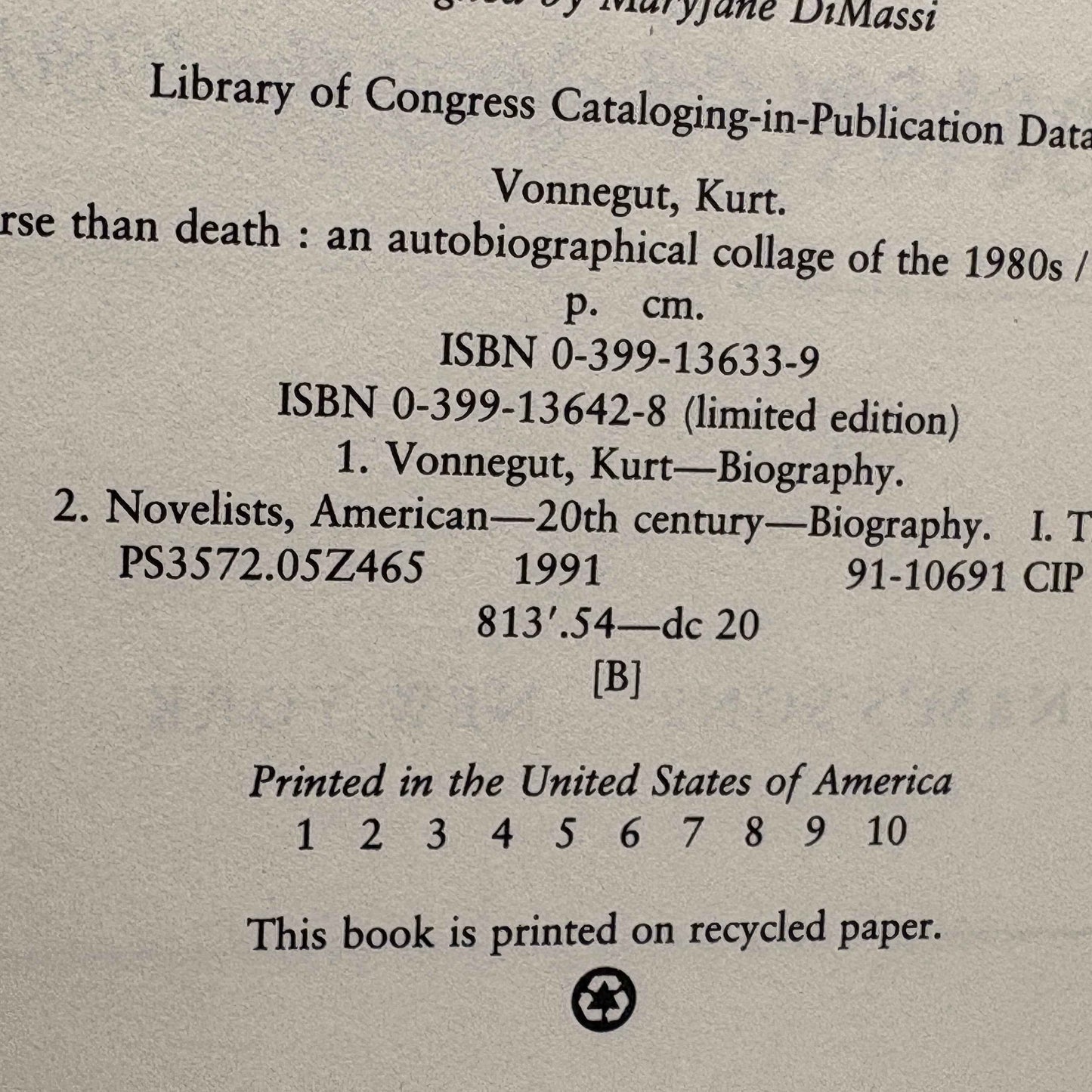 VONNEGUT, Kurt "Fates Worse Than Death" [Putnam’s, 1991] Signed 1st Edition