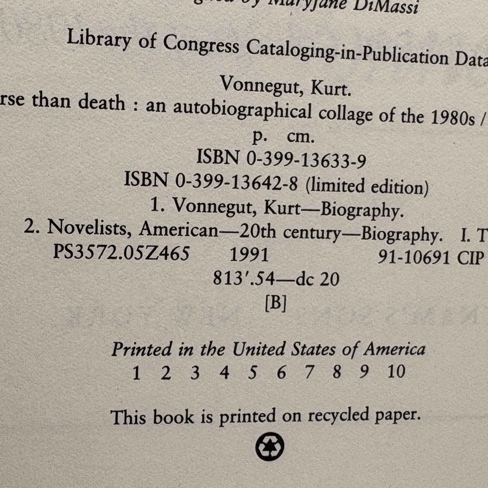 VONNEGUT, Kurt "Fates Worse Than Death" [Putnam’s, 1991] Signed 1st Edition