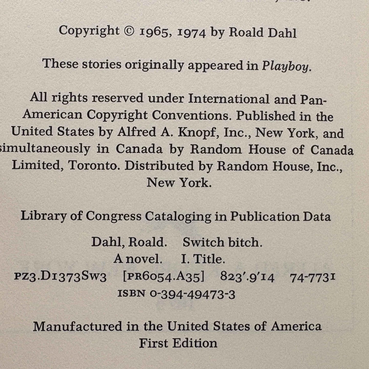 DAHL, Roald “Switch Bitch” [Alfred A. Knopf, 1974] 1st Edition