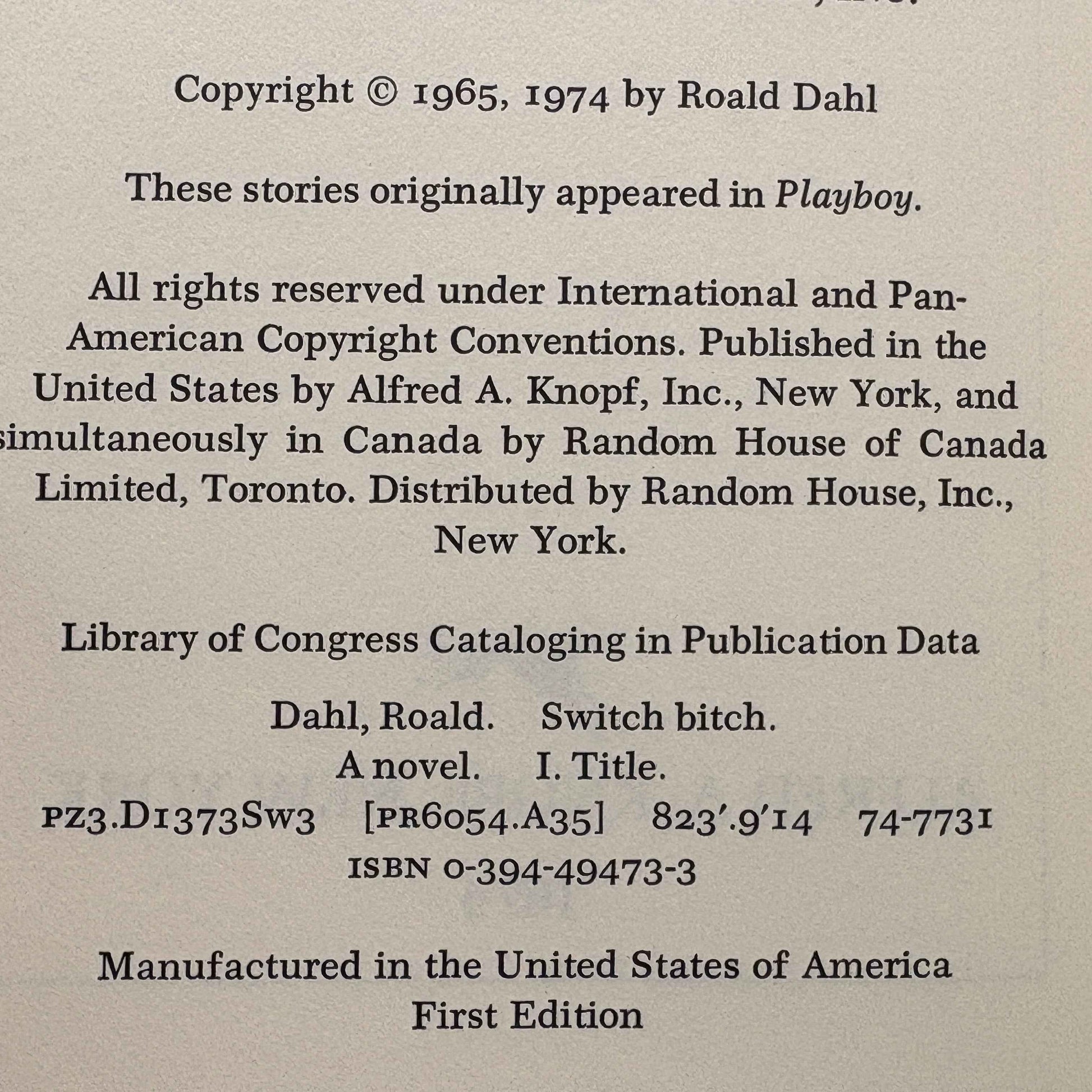 DAHL, Roald “Switch Bitch” [Alfred A. Knopf, 1974] 1st Edition