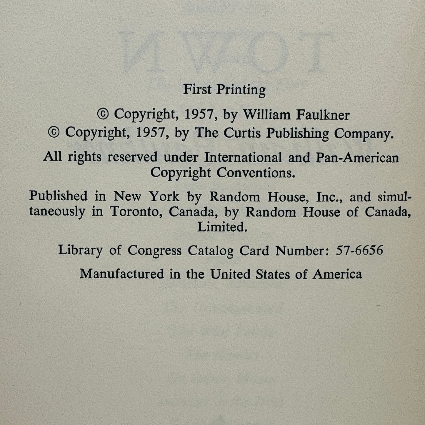 FAULKNER, William "The Town" [Random House, 1957] 1st Edition