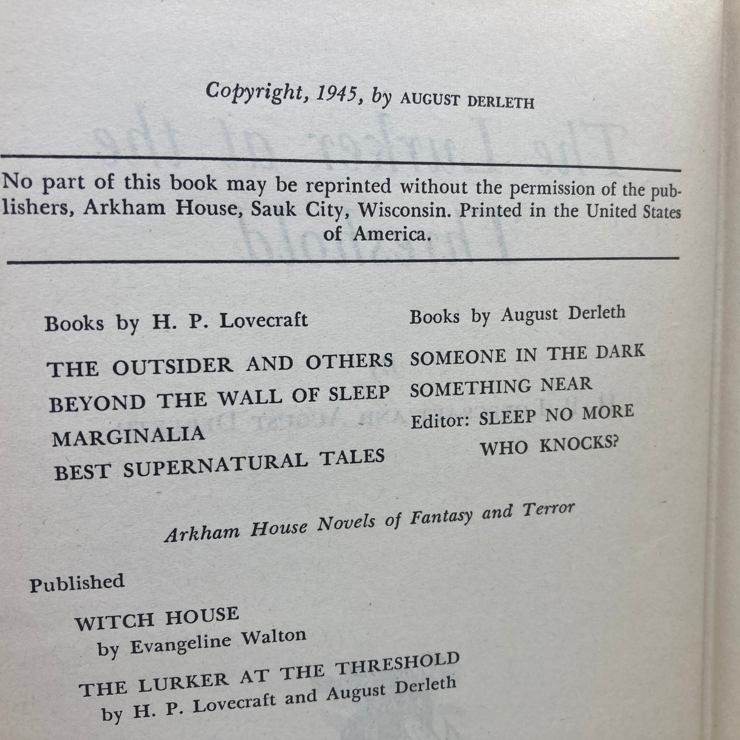 LOVECRAFT, H.P. "The Lurker at the Threshold" [Arkham House, 1945] 1st Edition