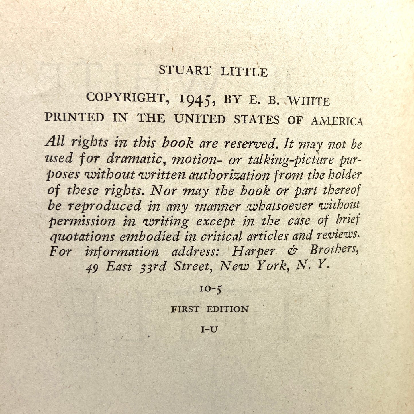 WHITE, E.B. "Stuart Little" [Harper & Brothers, 1945] 1st Edition