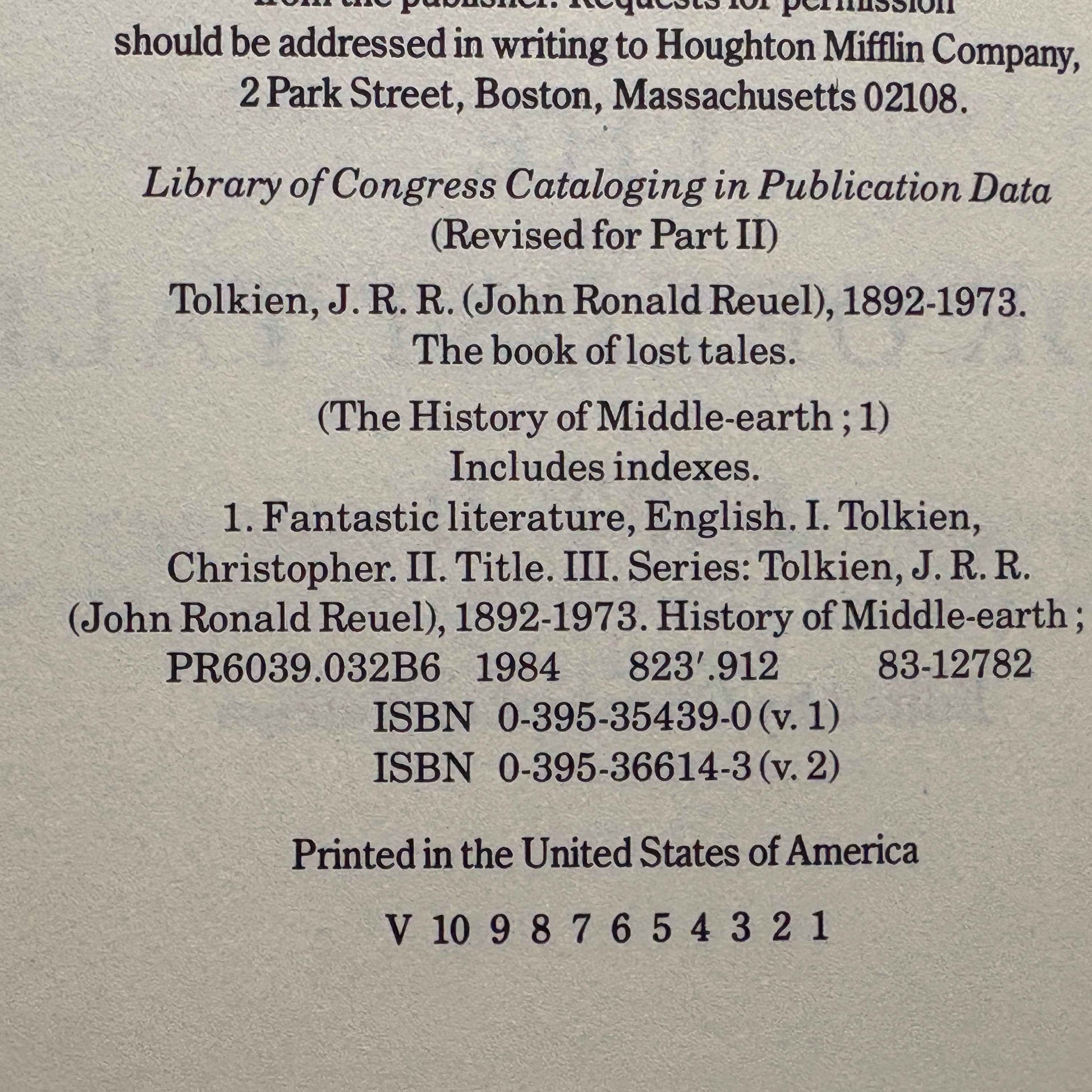 TOLKIEN, J.R.R. "The Book of Lost Tales, Part Two" [Houghton Mifflin, 1984] 1st Edition