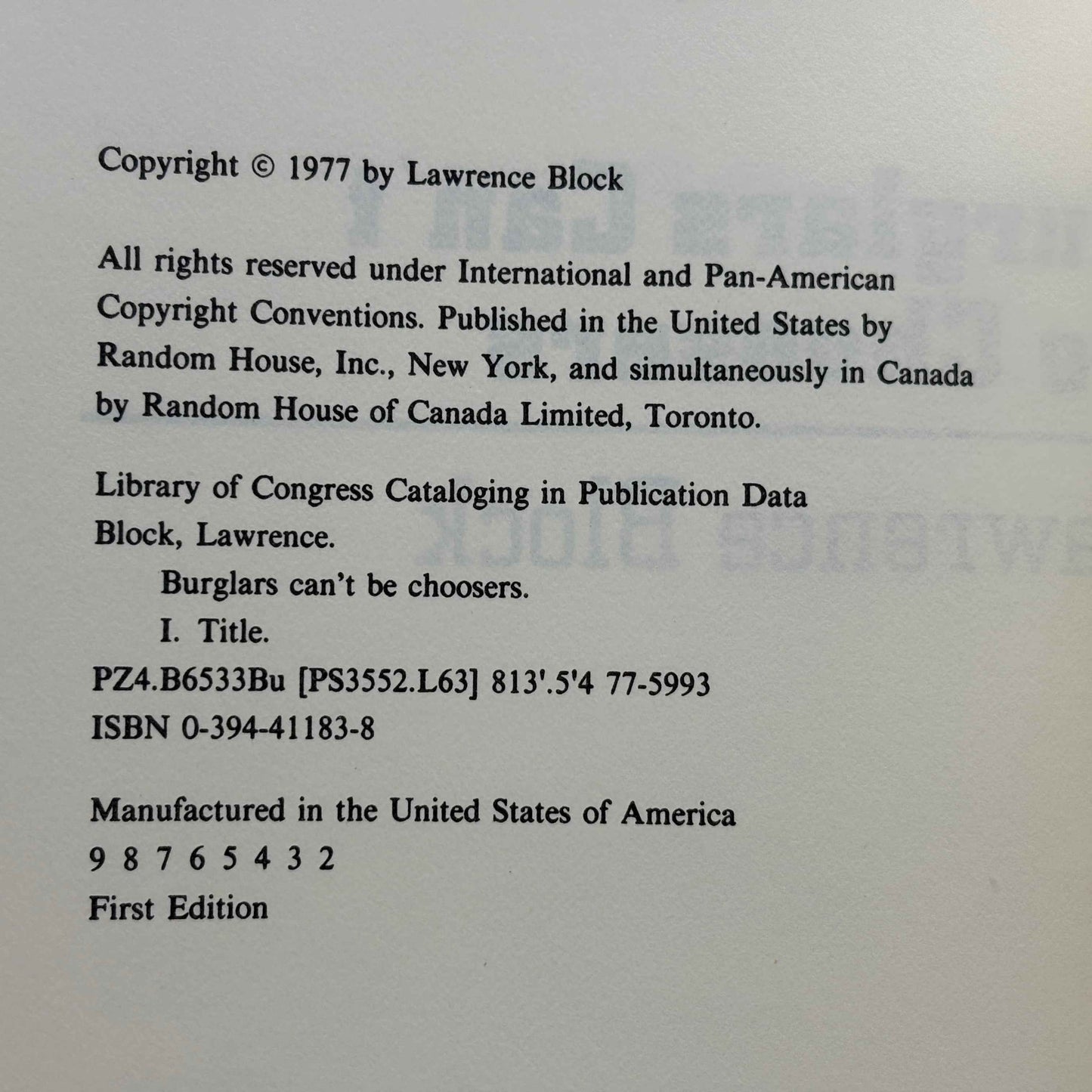 BLOCK, Lawrence “Burglars Can’t Be Choosers” [Random House, 1977] Signed 1st