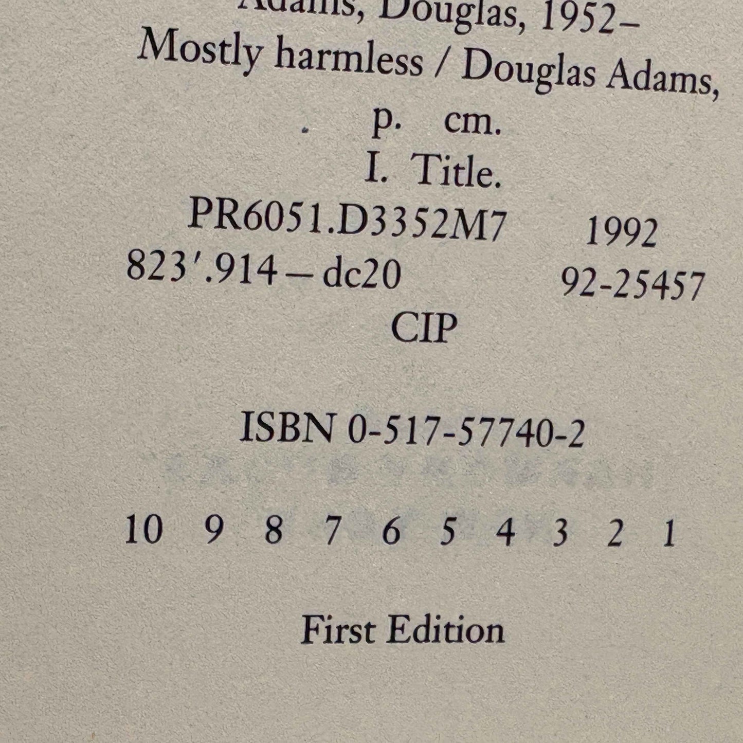 ADAMS, Douglas “Mostly Harmless” [Harmony Books, 1992] 1st US Edition