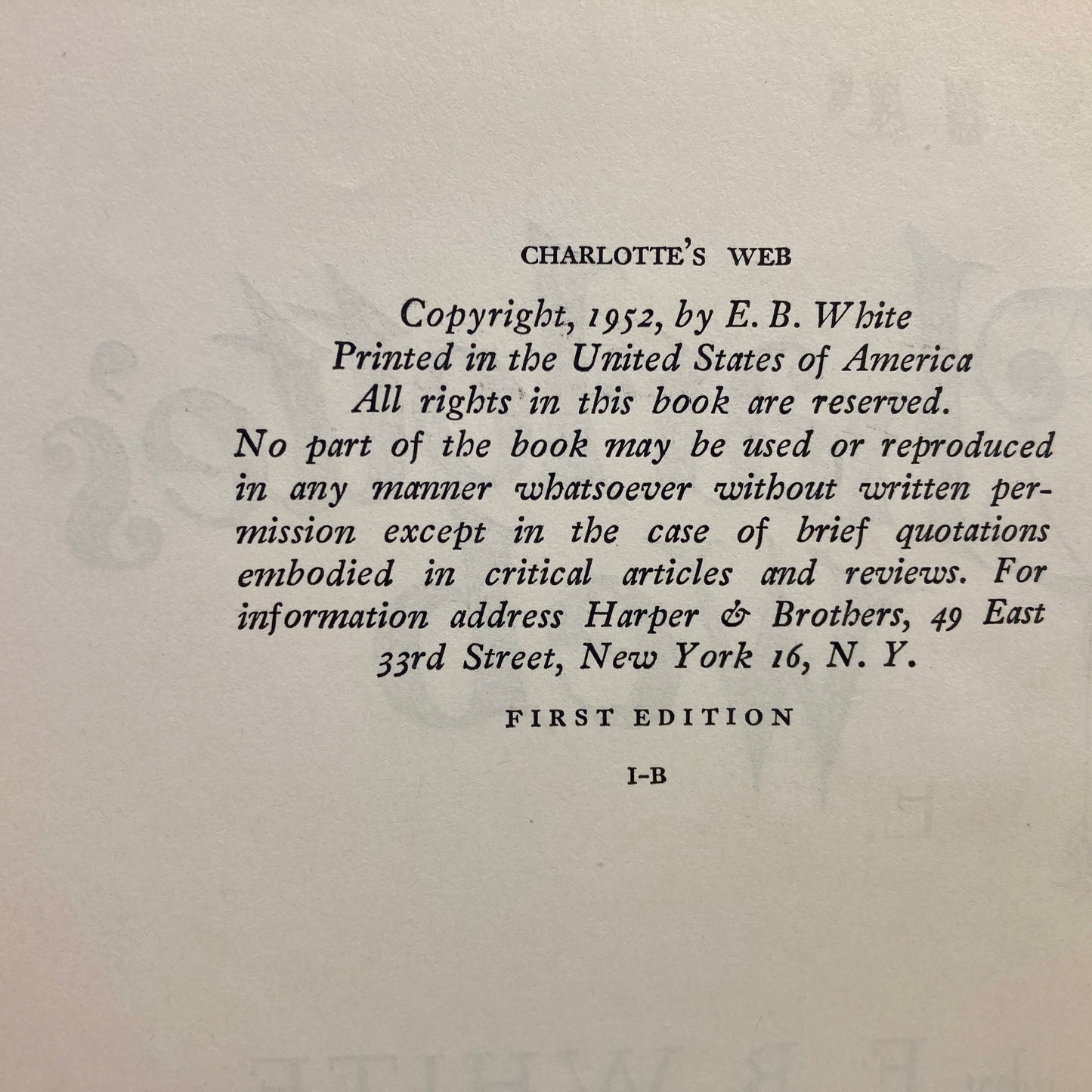 WHITE, E.B. "Charlotte's Web" [Harper & Brothers, 1952] 1st Edition, 1st Printing