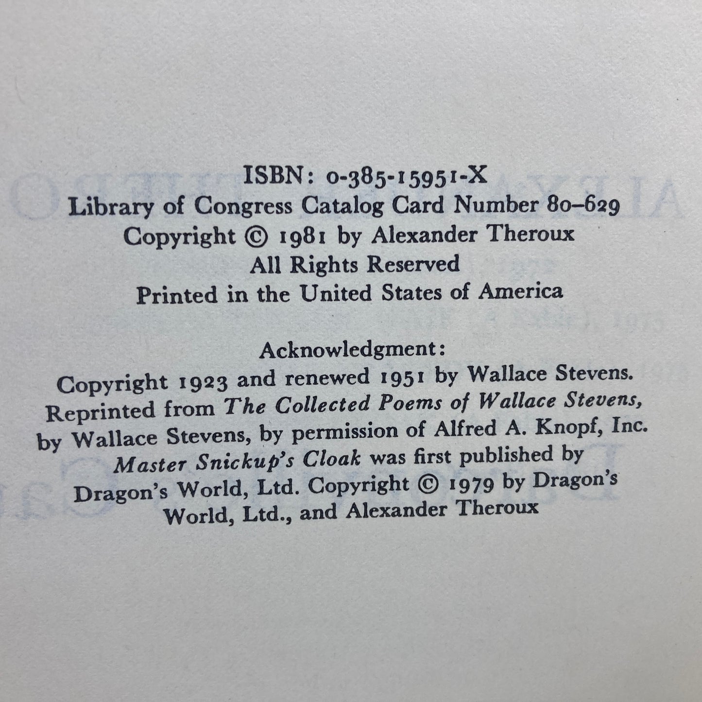 THEROUX, Alexander "Darconville's Cat" [Doubleday, 1981]