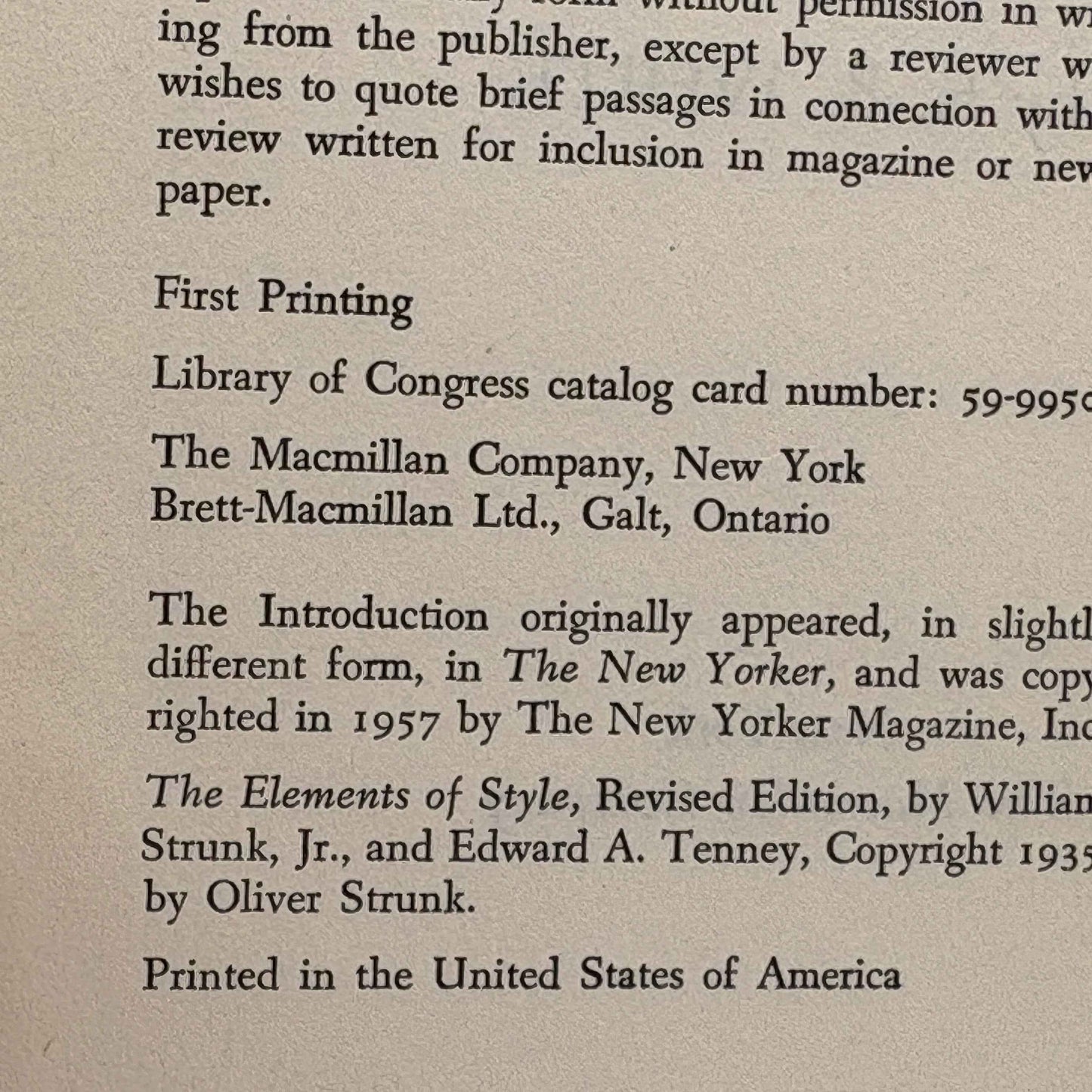 STRUNK, William, Jr. "The Elements of Style" [Macmillan, 1959] 1st Edition