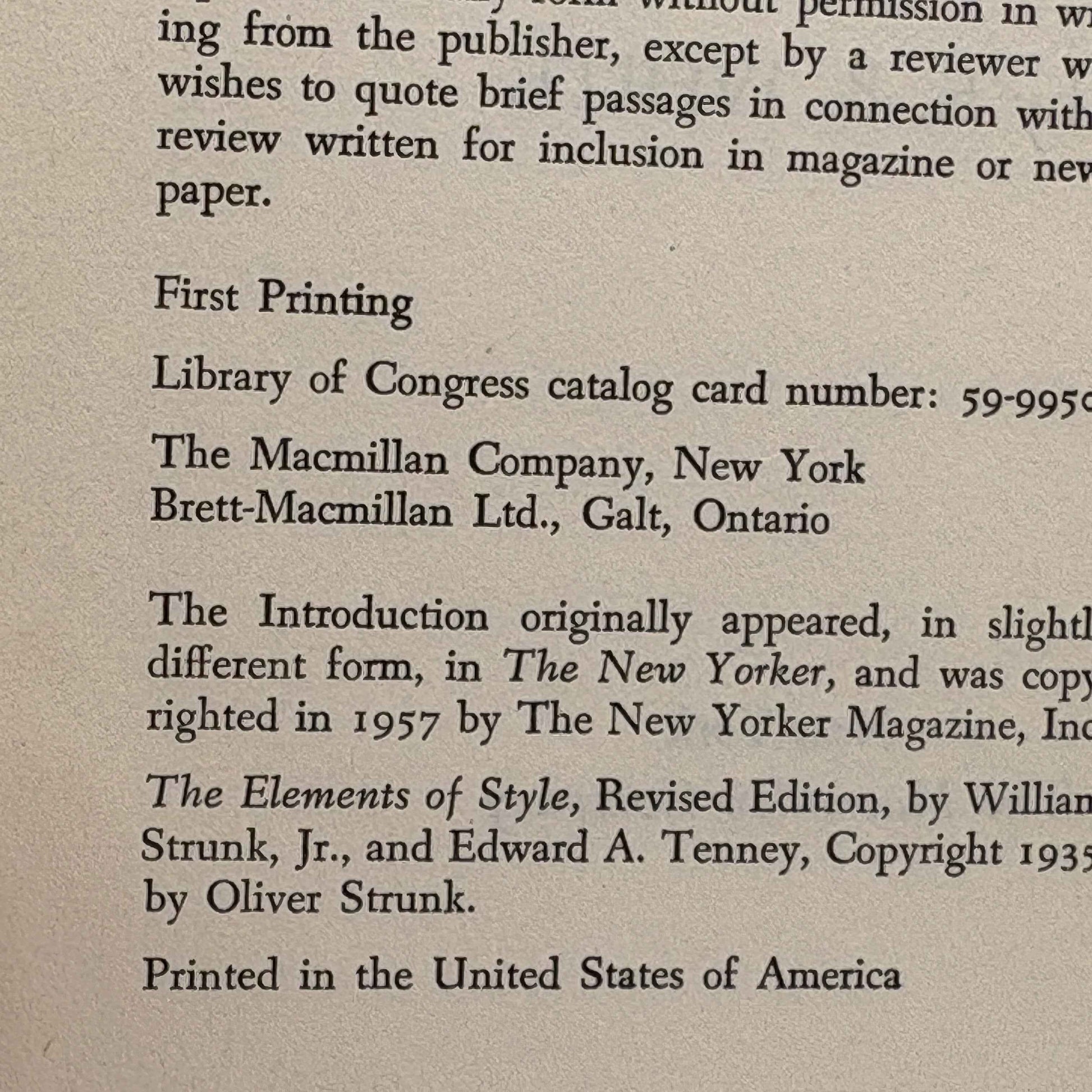 STRUNK, William, Jr. "The Elements of Style" [Macmillan, 1959] 1st Edition